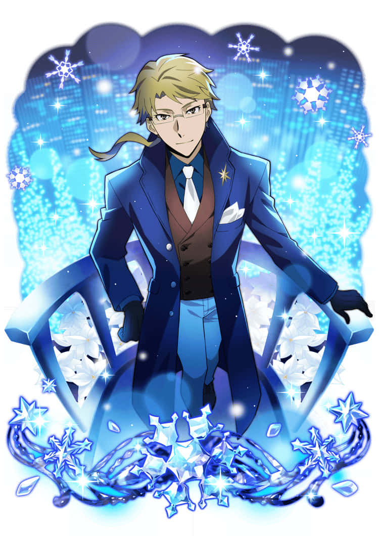 Kunikida 桌布 壁紙 — 一位金髮動漫男子身穿藍色西裝，自信地站在閃爍的冰晶和雪花之中，背景是閃耀的藍色城市景觀。
