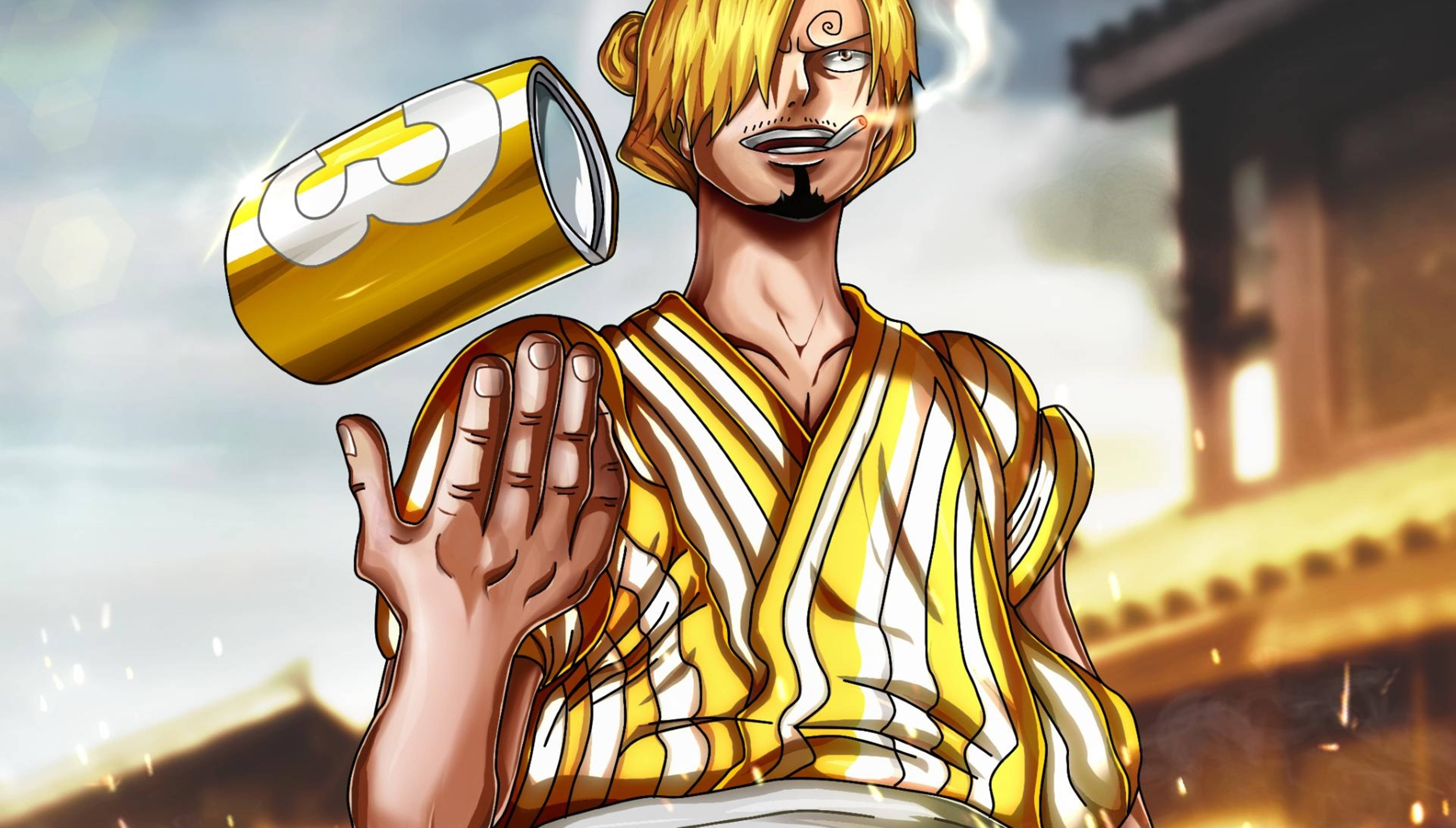 Sanji 桌布 壁紙 — 一位金髮動漫男子身穿黃白條紋長袍，手持一個帶有漩渦標誌的金色罐子，周圍火花四濺。