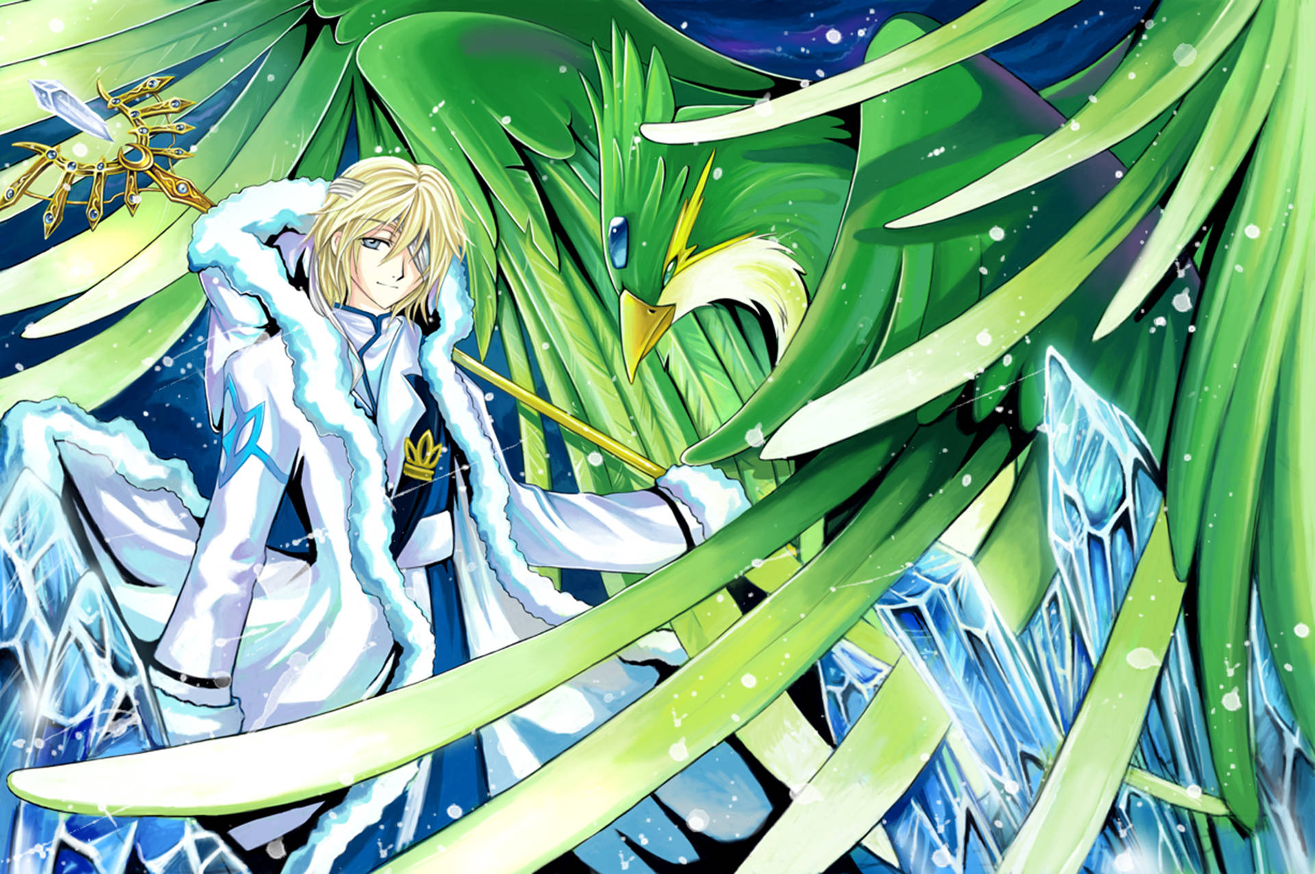 tsubasa reservoir chronicle 桌布 壁紙 — 一位金髮動漫男孩穿著白色毛領外套，站在一隻巨大的綠色鳳凰旁邊，周圍是冰藍色水晶和發光粒子。