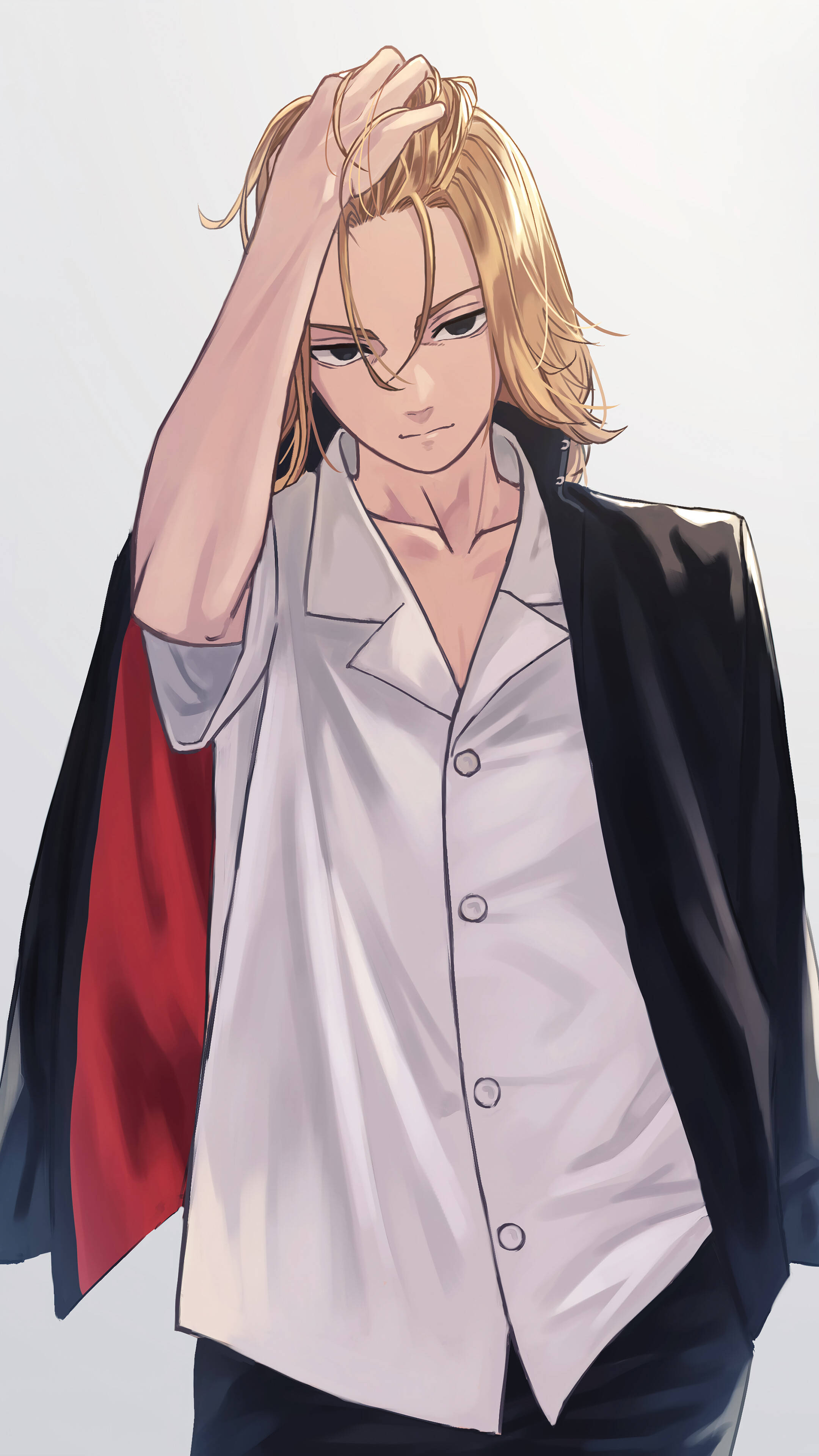 Manjiro 桌布 壁紙 — 一位金髮動漫男性，一手放在頭髮上，穿著白色襯衫和黑色外套，內襯紅色。