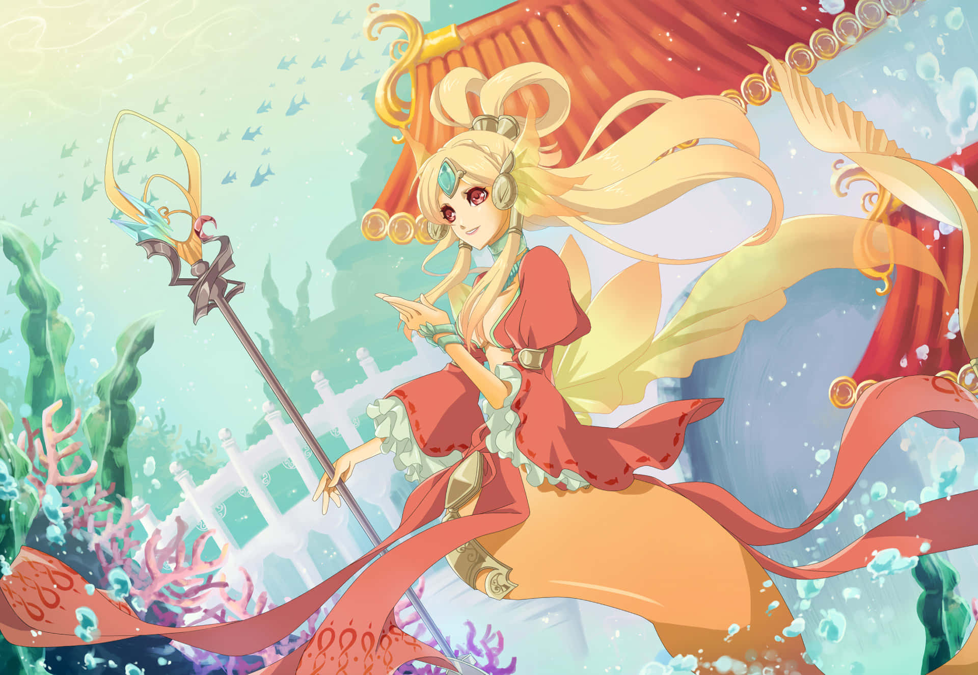 Nami One Piece 桌布 壁紙 — 一位金髮動漫美人魚穿著紅色連衣裙，在珊瑚和氣泡中手持權杖。