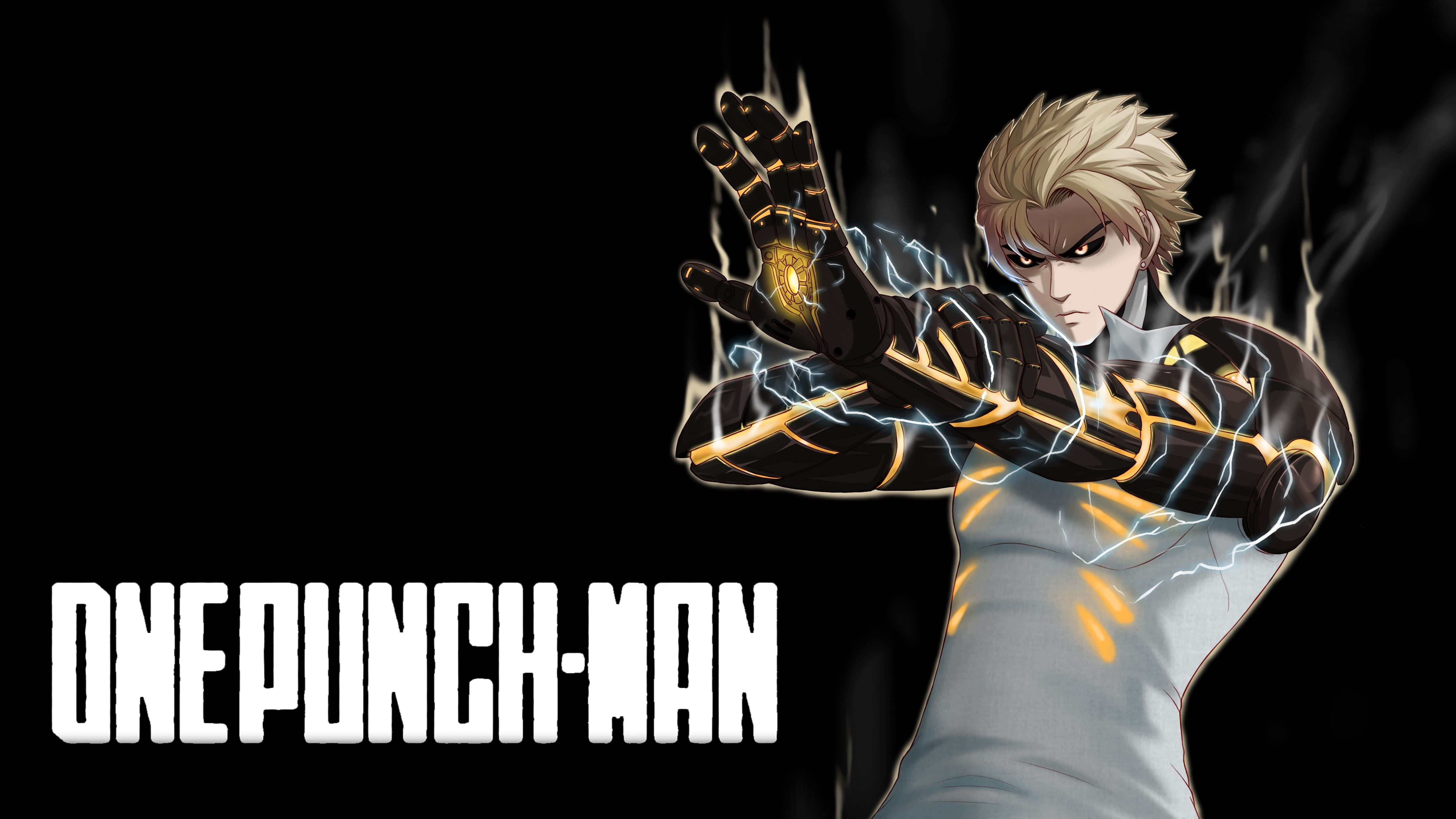 One Punch Man Minimalist 桌布 壁紙 — 一位金髮動漫英雄穿著灰色襯衫，在黑色背景前透過伸出的手引導發光的黃色和藍色能量。