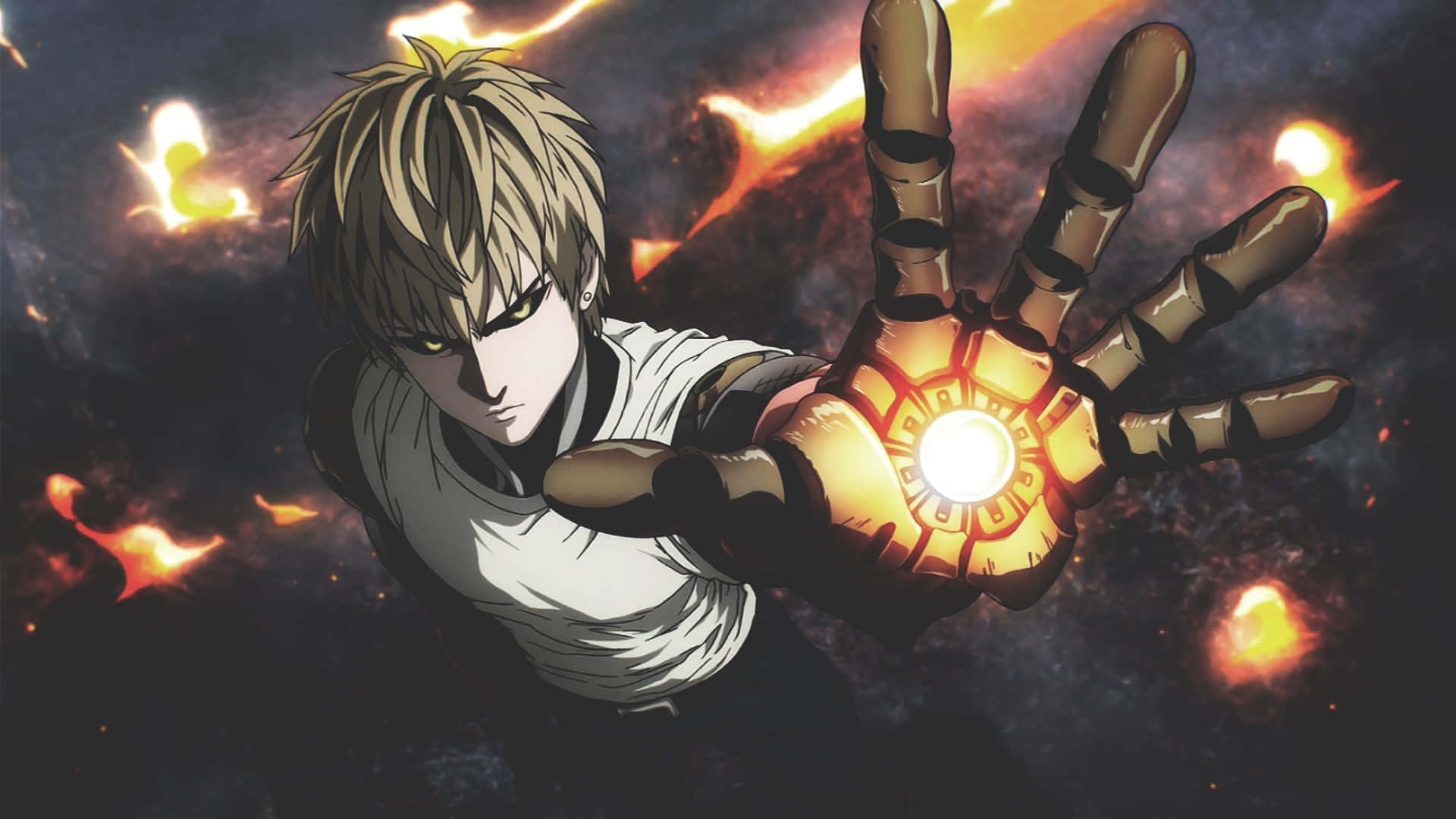 Genos 桌布 壁紙 — 一位金髮動漫英雄穿著白襯衫，在熾熱的宇宙背景下伸出發光的金色護手。