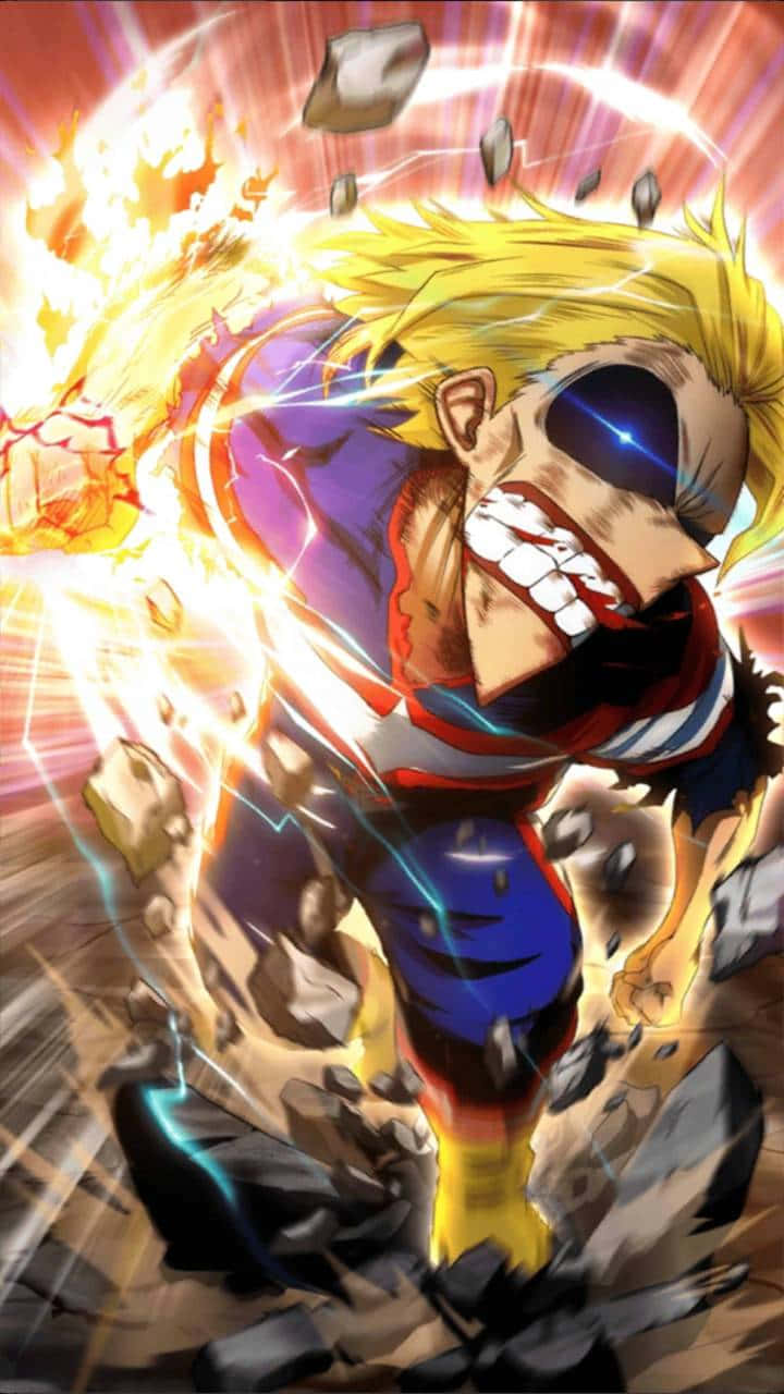 My Hero Academia iPad 桌布 壁紙 — 一位金髮動漫英雄穿著藍紅相間的套裝，以爆炸性能量和閃電效果擊穿岩石。