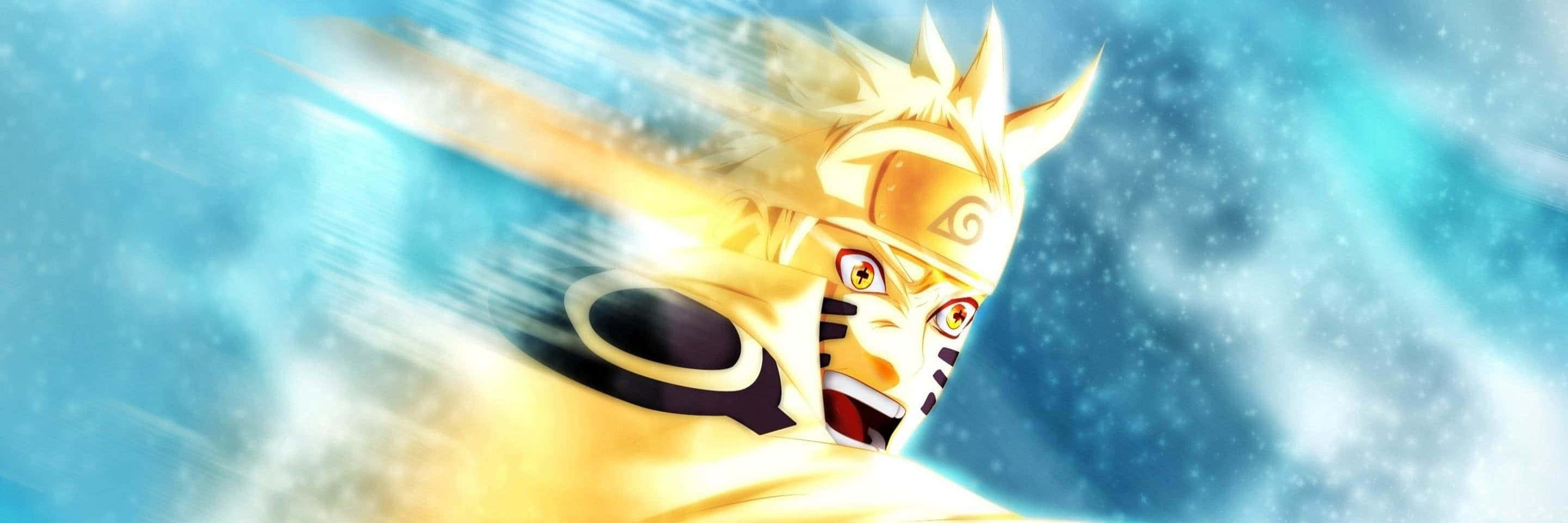 Naruto Aesthetic Computer 桌布 壁紙 — 一位金髮動漫角色，擁有發光的眼睛，在閃爍的藍天中留下動態模糊的軌跡。