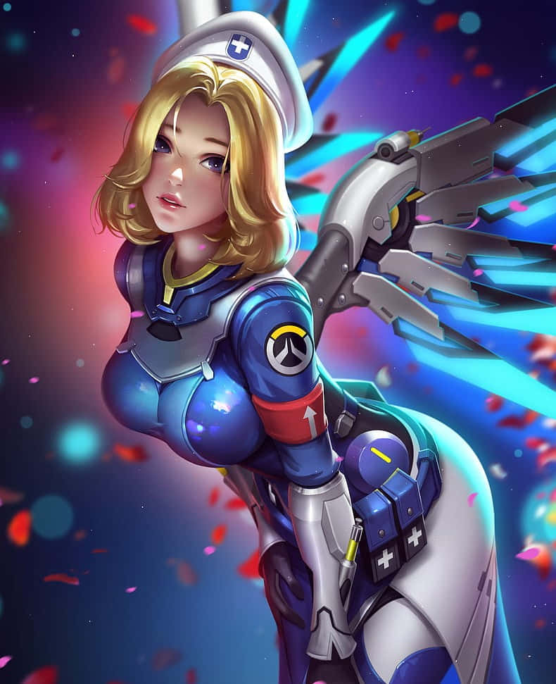 Overwatch Mercy 桌布 壁紙 — 一位金髮動漫護士穿著藍色盔甲，在充滿漂浮花瓣的鮮豔宇宙背景下揮舞著發光的機械武器。