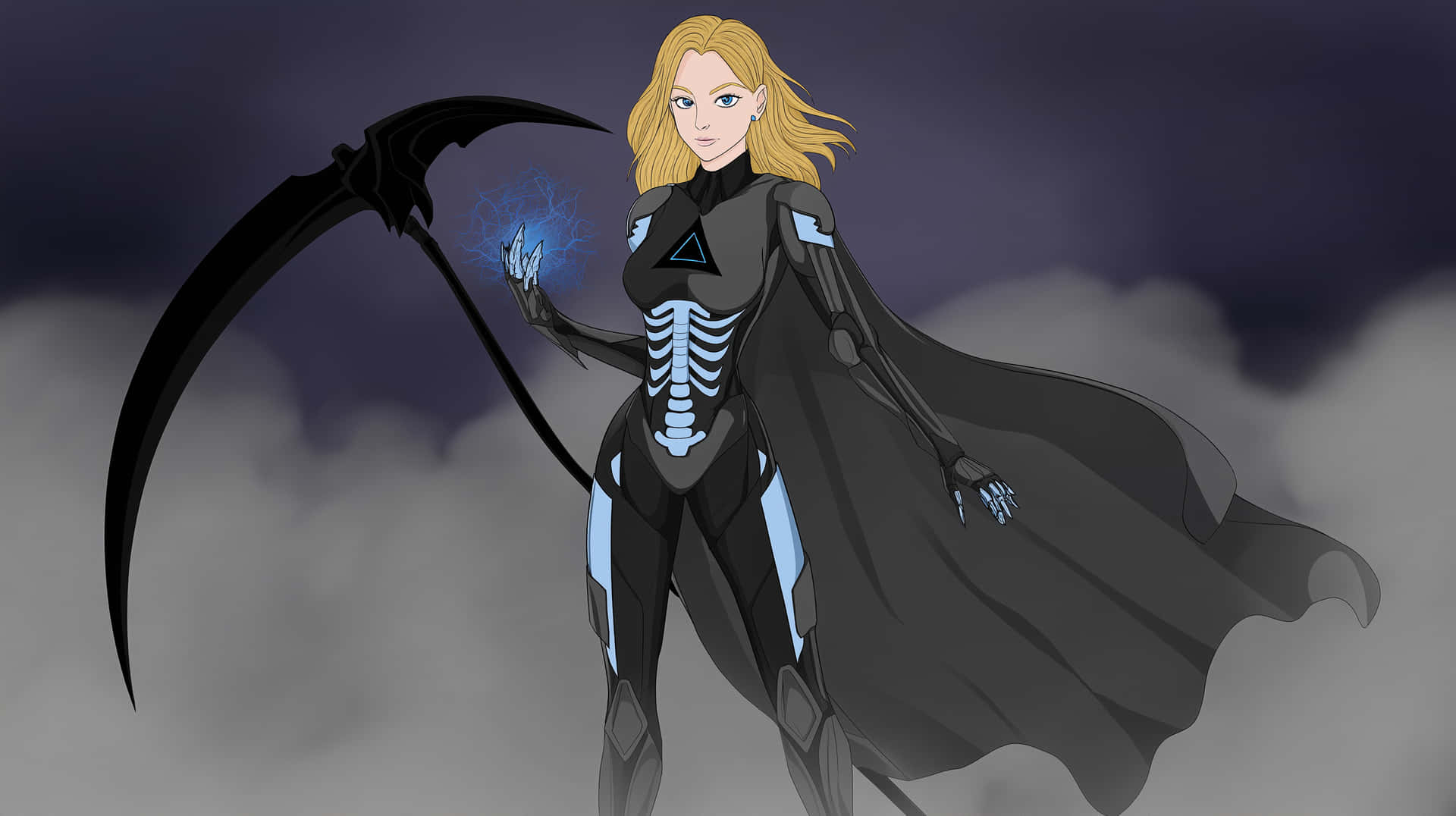 Anime-style Death Priestess with Scythe and Aura 壁紙 — 一位金髮動漫風格的女死神，身穿黑色盔甲，帶有發光的藍色點綴，揮舞著鐮刀，在暴風雨的天空下散發出藍色能量。