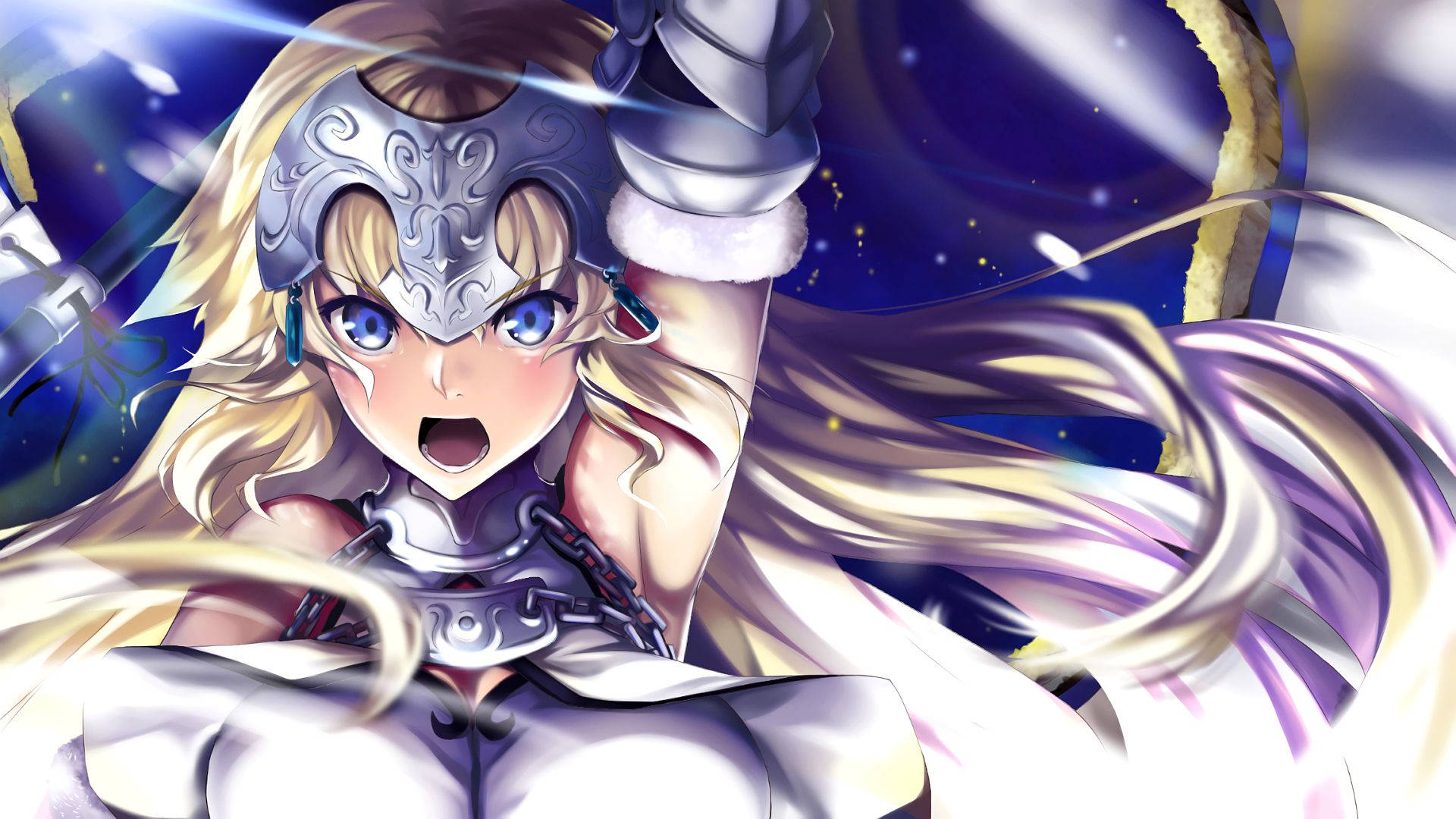Fate/Grand Order 桌布 壁紙 — 一位金髮動漫騎士，身穿銀色盔甲，藍色眼睛，飄逸的頭髮，在星光宇宙背景下擺出動感姿勢。