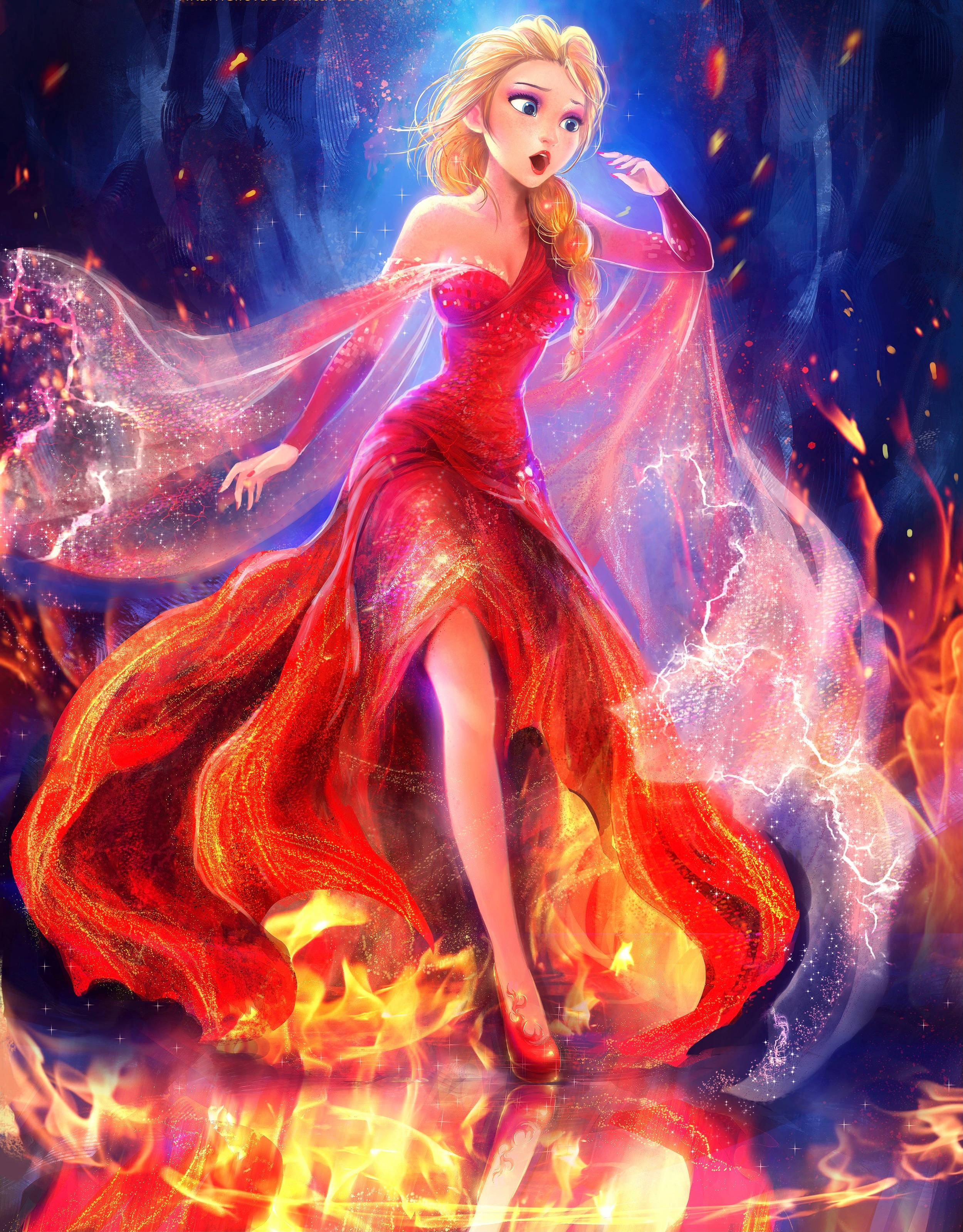 Princess 桌布 壁紙 — 一位金髮動畫女性穿著飄逸的紅色長袍，站在深藍色背景中旋轉的火焰和電火花之間。