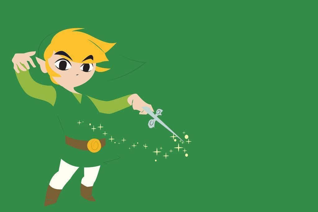 Toon Link 桌布 壁紙 — 一位金髮卡通英雄在純綠色背景前揮舞著發光的劍。