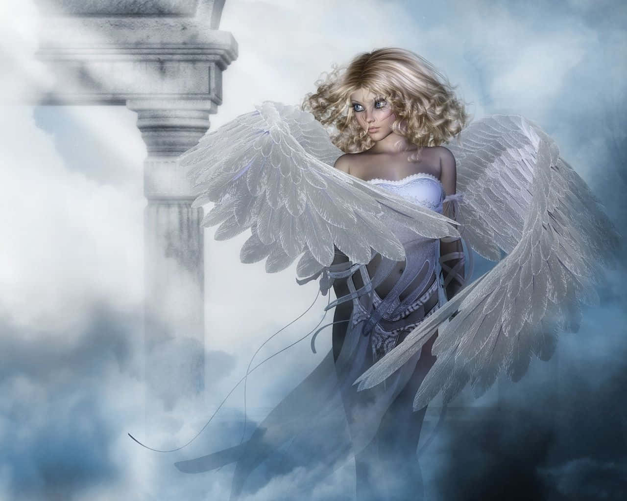 Beautiful Heaven 桌布 壁紙 — 一位金髮天使，擁有巨大的白色翅膀，站在神秘天空中旋轉的雲朵旁，旁邊有一根石柱。
