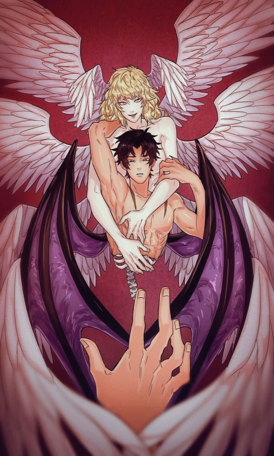 Devilman Crybaby 桌布 壁紙 — 一位金髮天使，白色翅膀，擁抱一位黑髮男子，紫色惡魔翅膀，背景深紅色。