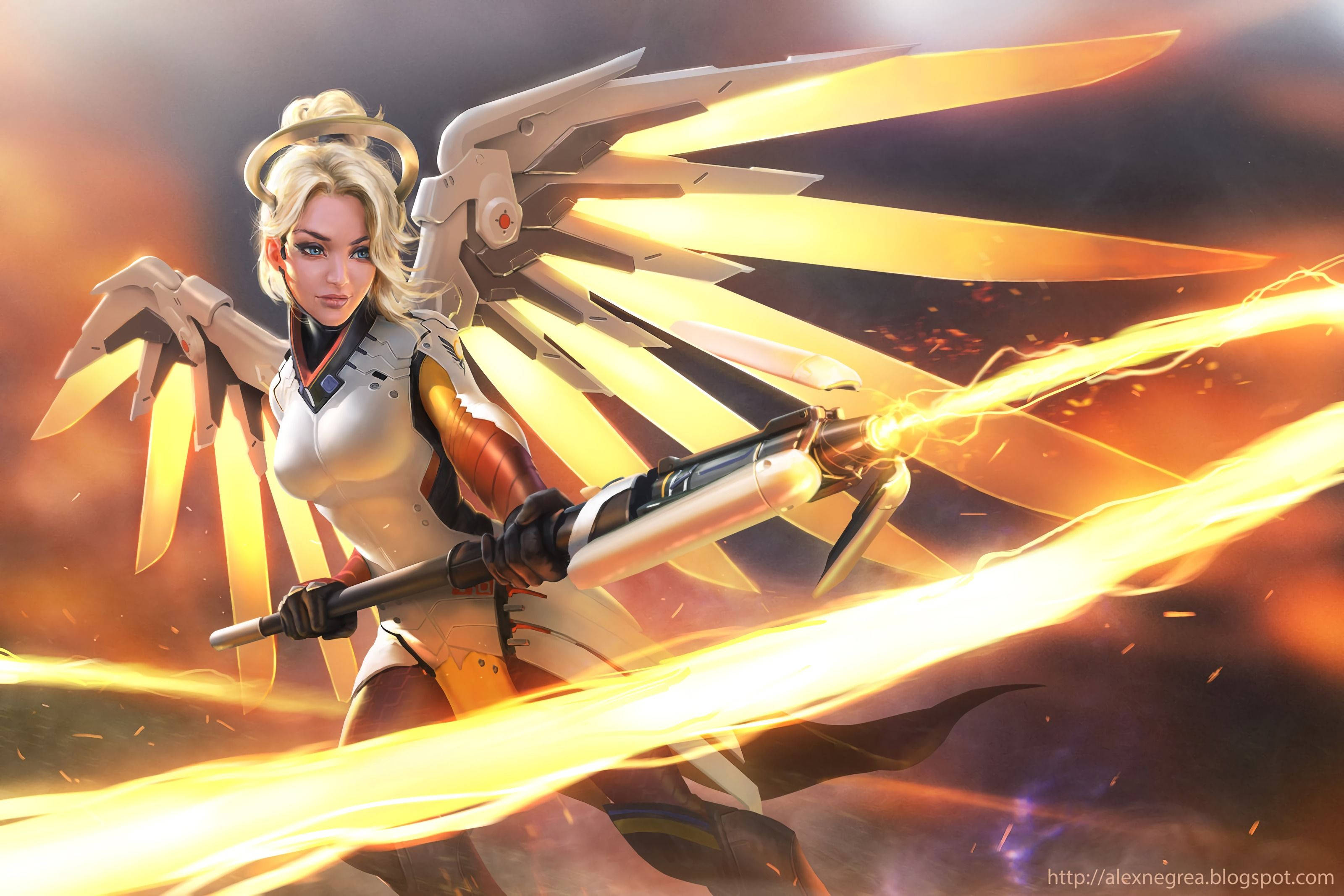 Mercy 桌布 壁紙 — 一位金髮天使戰士，擁有機械翅膀，在熾熱的橙色和紫色背景下發射發光的能量武器。