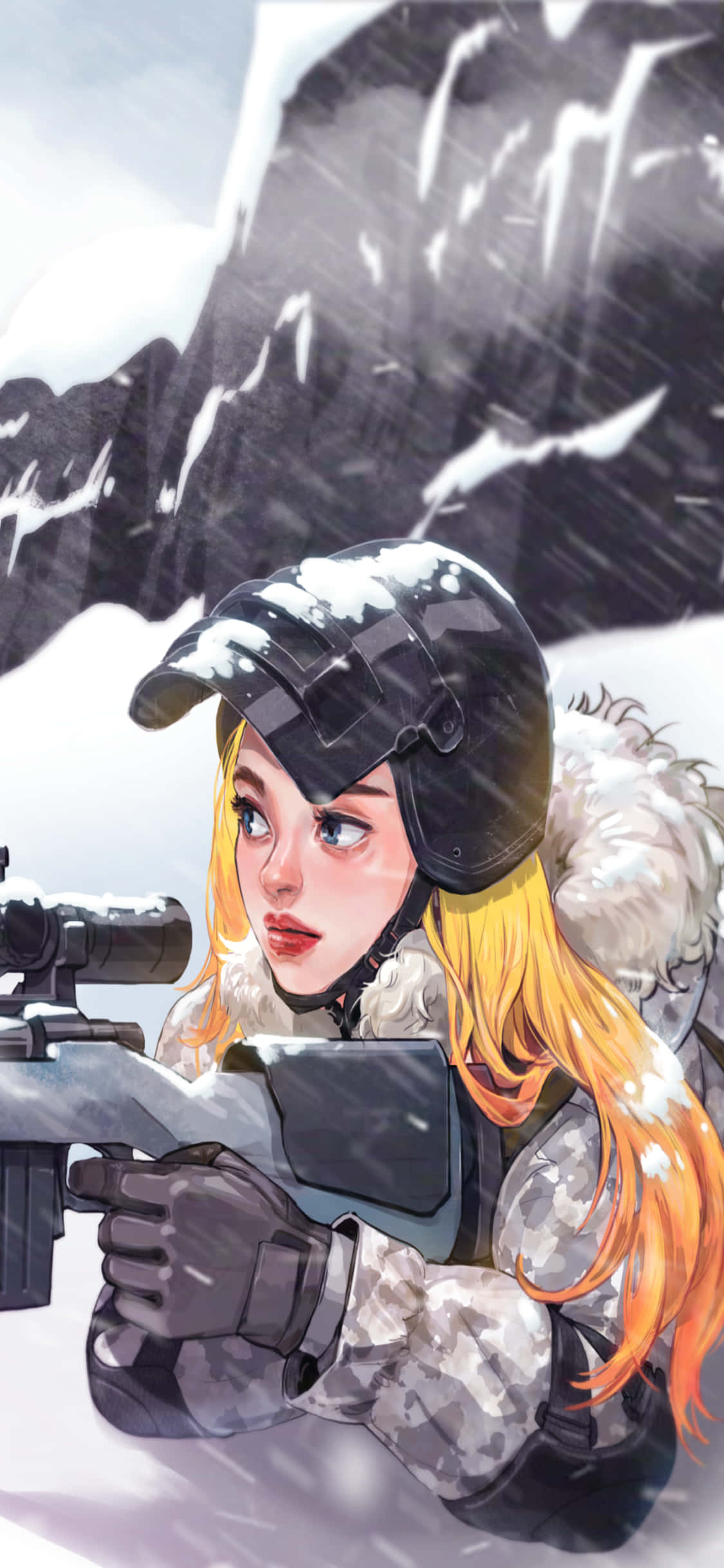 Playerunknown's Battlegrounds 桌布 壁紙 — 一位金髮女兵穿著冬季裝備，在飄雪中瞄準步槍，背景是白雪覆蓋的山脈。