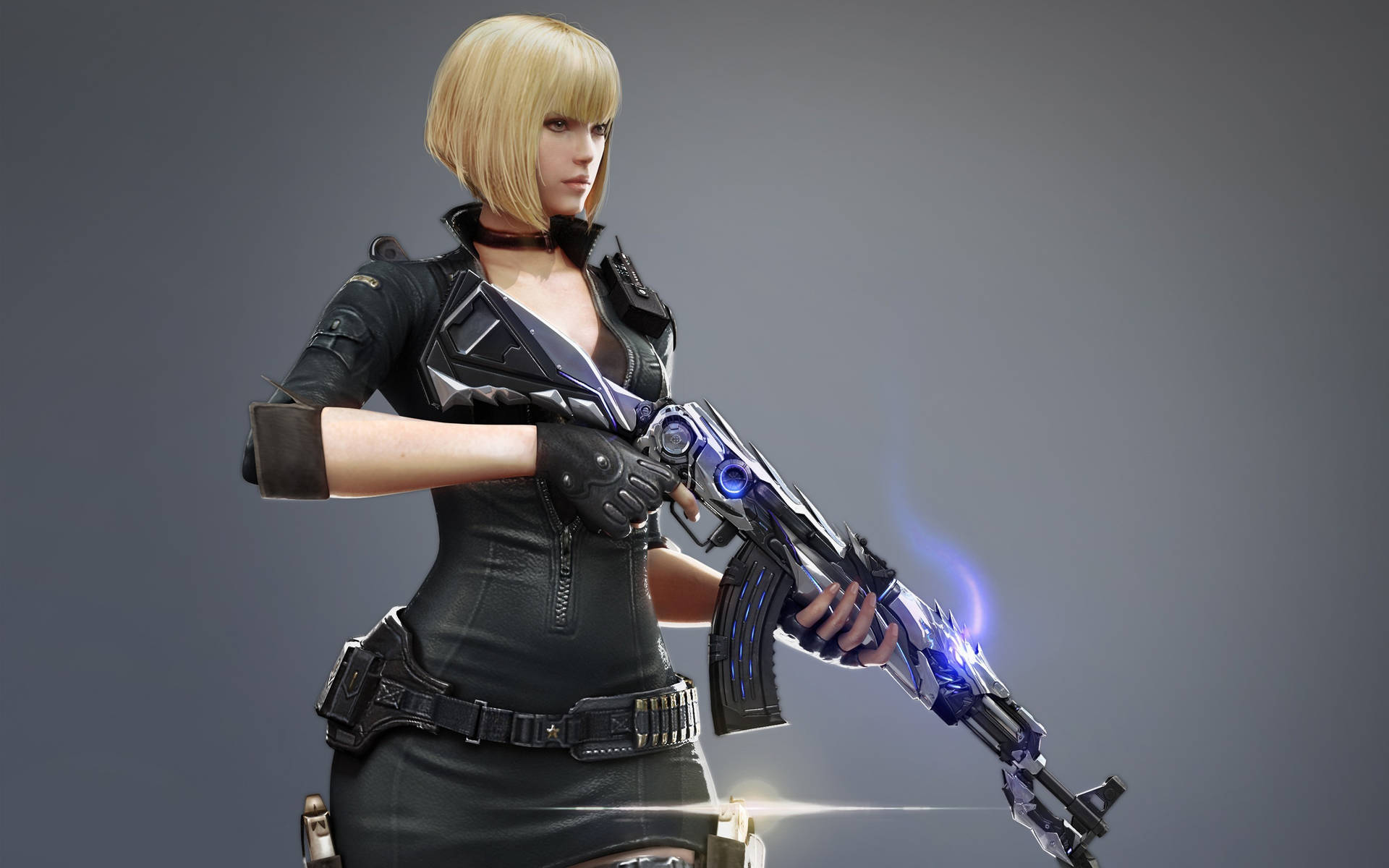 金髮女兵手持發光未來步槍，身穿黑色戰術裝備。 — Fire Emblem Warriors 壁紙