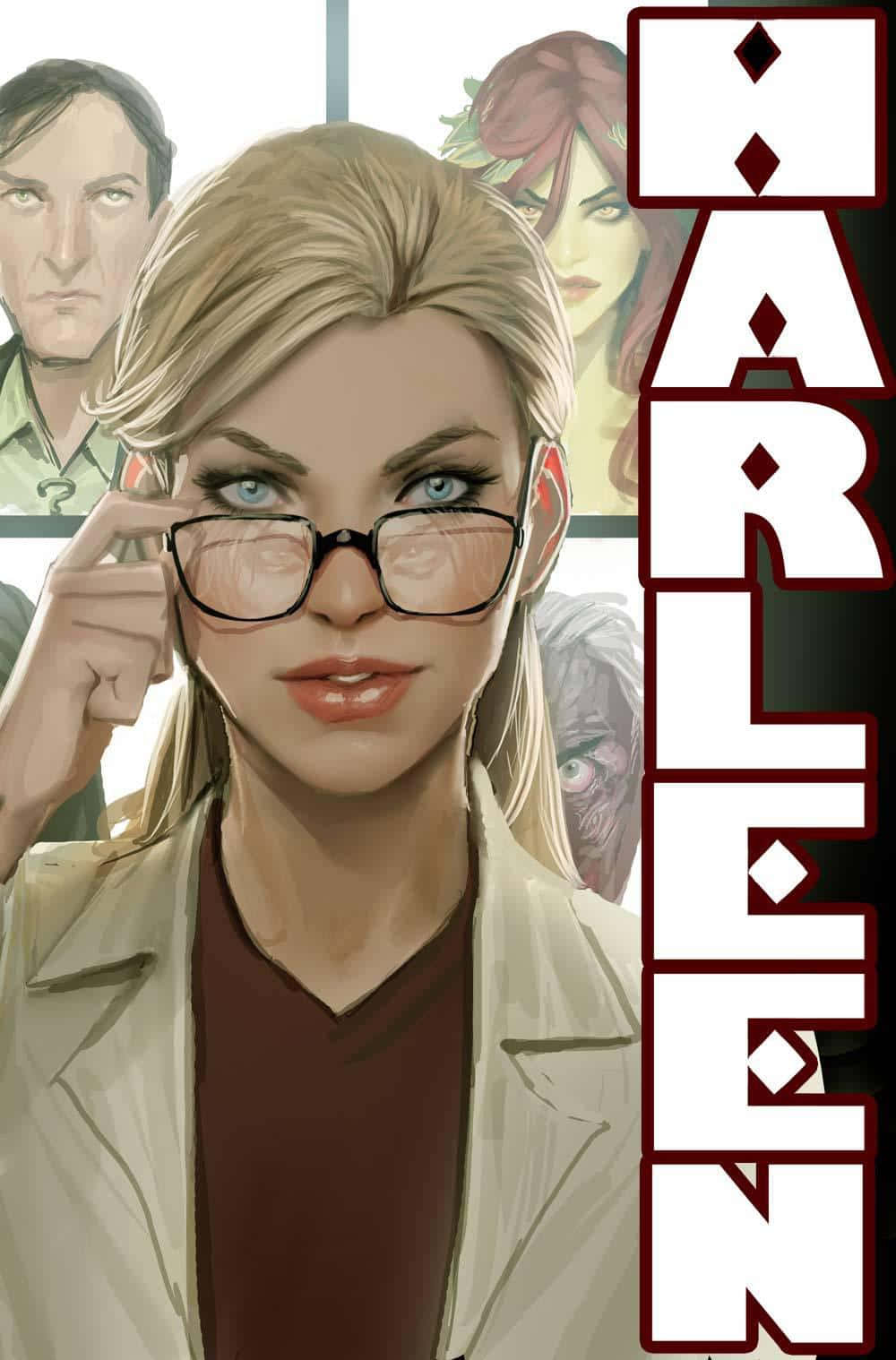 Harleen Quinzel 桌布 壁紙 — 一位金髮女子戴著眼鏡和實驗室外套，自信地調整眼鏡，周圍是漫畫角色和粗體文字HARLEEN。