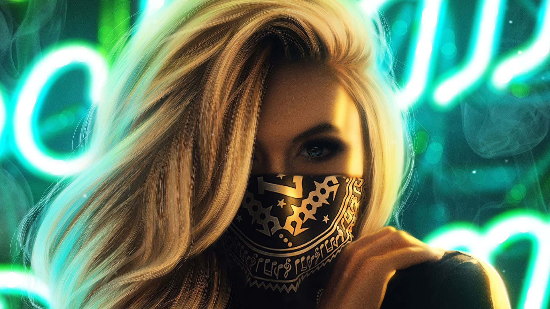 Mask 桌布 壁紙 — 一位金髮女子用圖案頭巾遮住嘴巴，站在發光的霓虹綠色背景前。