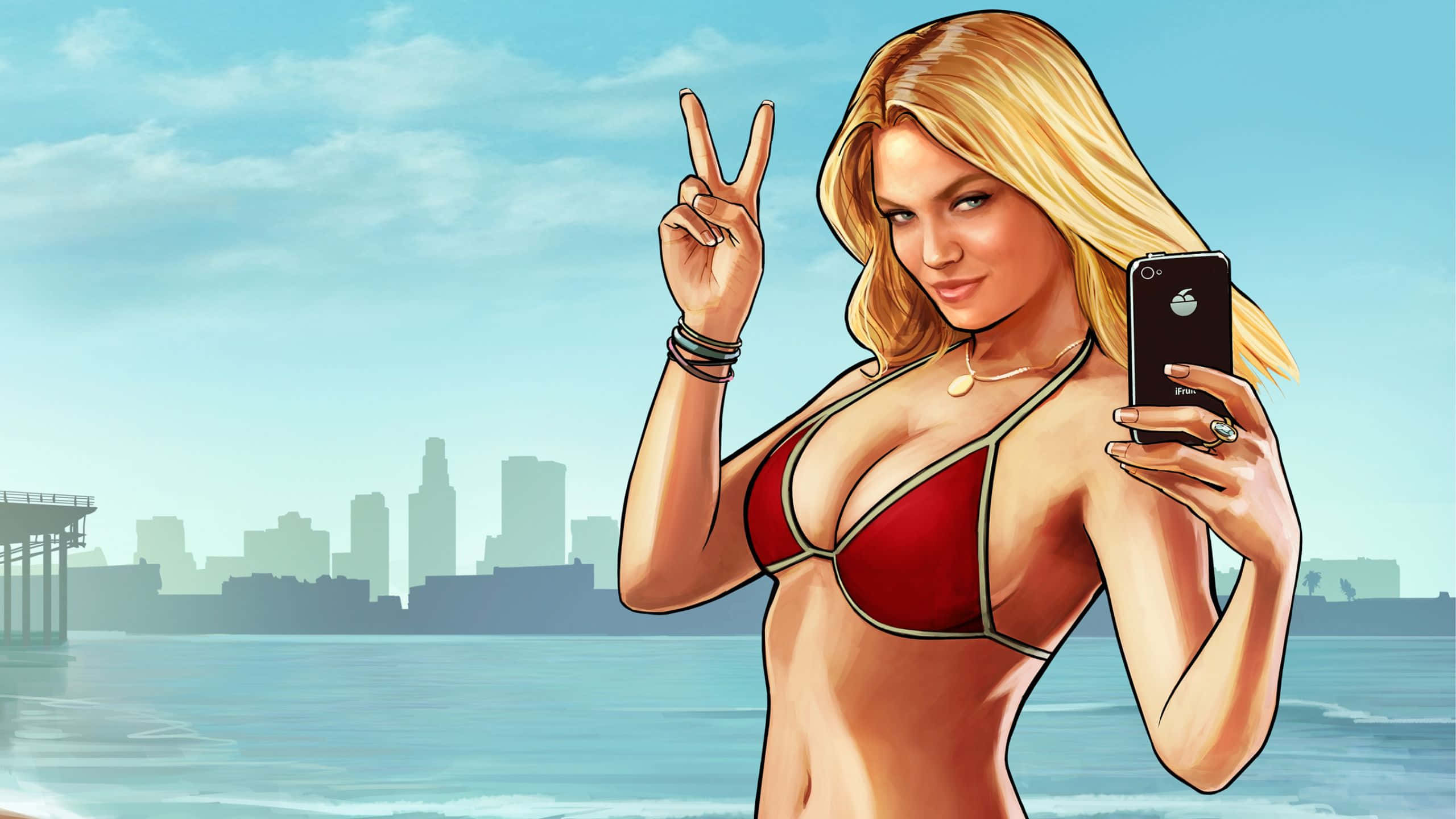 Grand Theft Auto V 桌布 壁紙 — 一位金髮女子穿著紅色比基尼在海灘上自拍，背景是城市天際線。