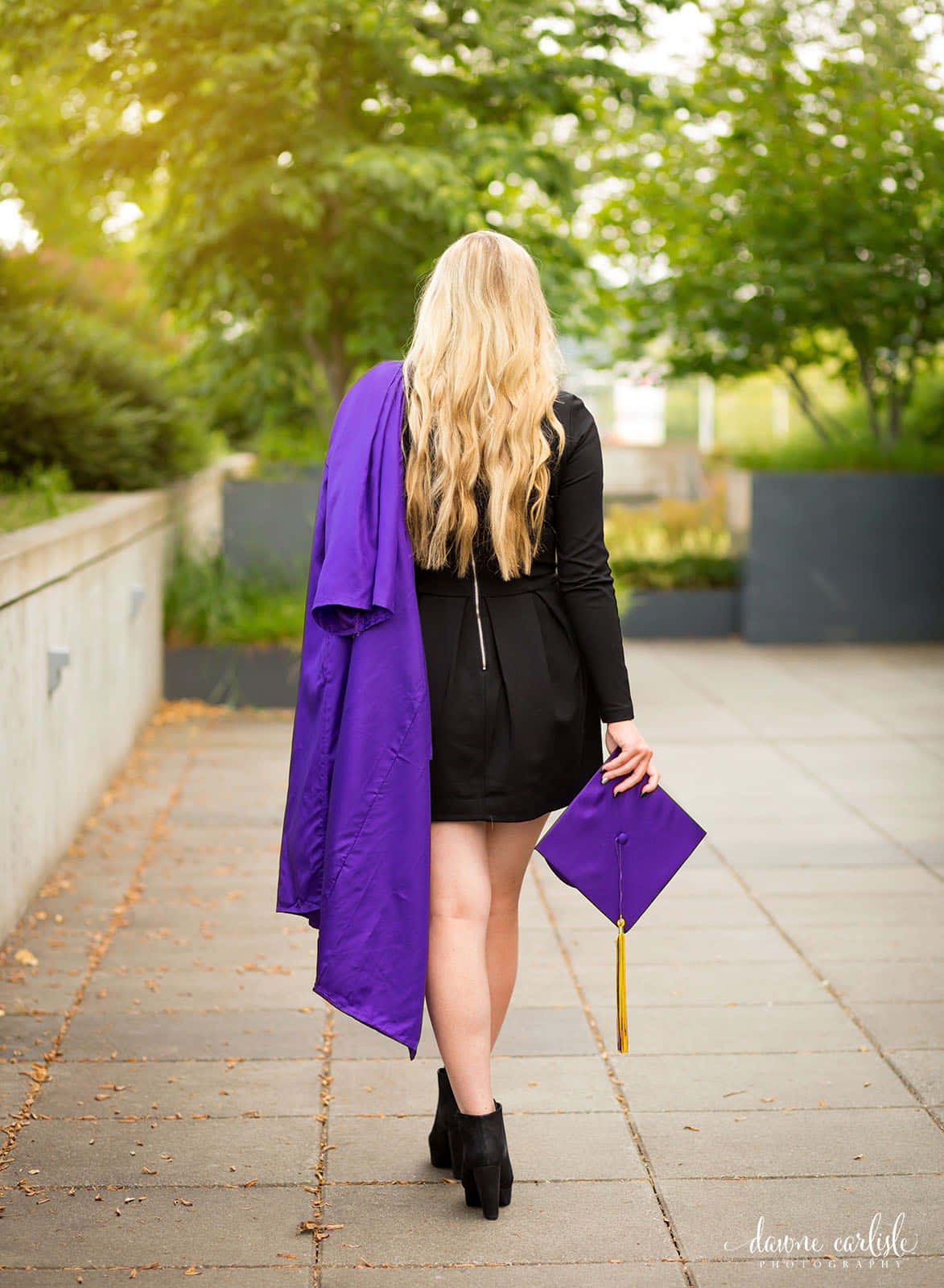Graduation 桌布 壁紙 — 一位金髮女子穿著紫色畢業袍，沿著一條兩旁有綠樹和落葉的石徑走開。