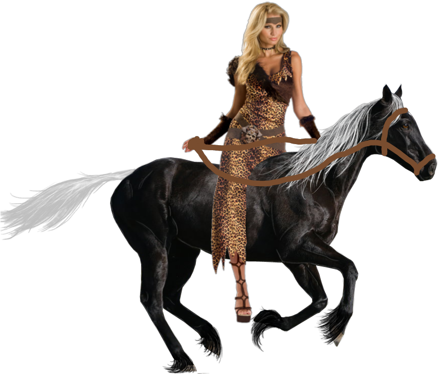 Horse Riding 桌布 壁紙 — 一位金髮女子穿著豹紋連衣裙，騎著一匹有白色鬃毛的黑馬，背景為黑色。