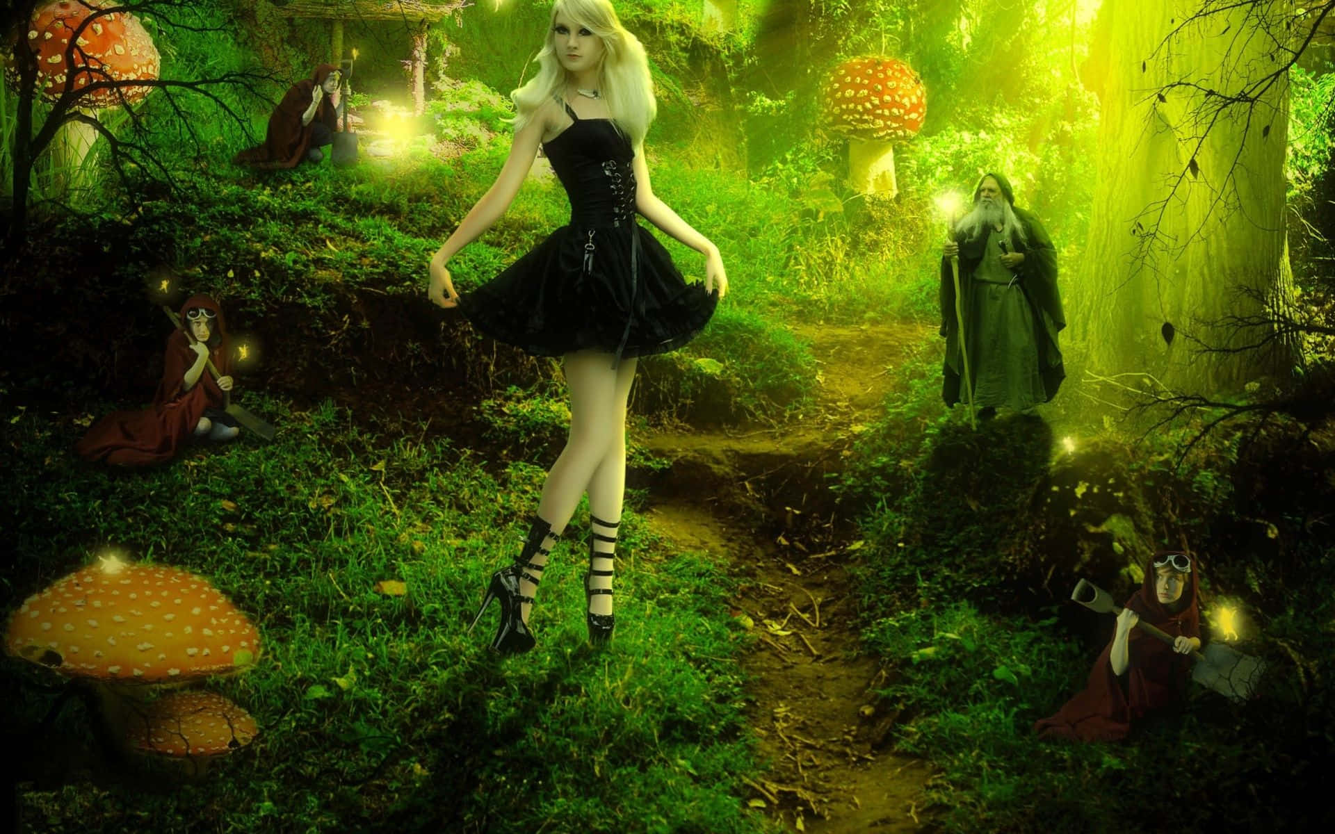 Fairy Forest 桌布 壁紙 — 一位金髮女子穿著黑色連衣裙，走過一個發光的綠色森林，裡面有巨大的蘑菇和神秘的人物。