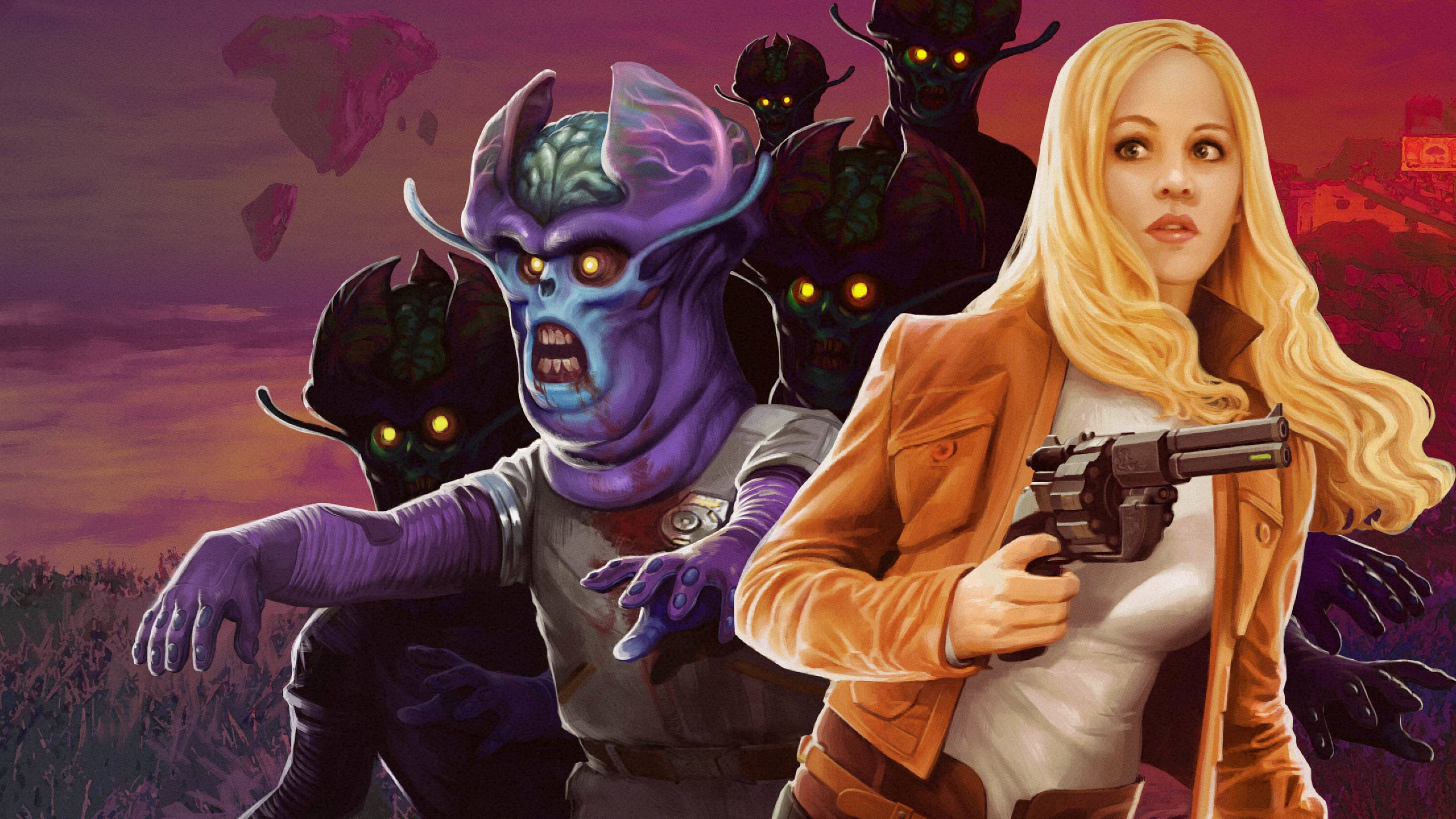 Outer Worlds 桌布 壁紙 — 一位金髮女子身穿棕褐色外套，手持左輪手槍，面對著帶有黃色眼睛的紫色和黑色外星生物。