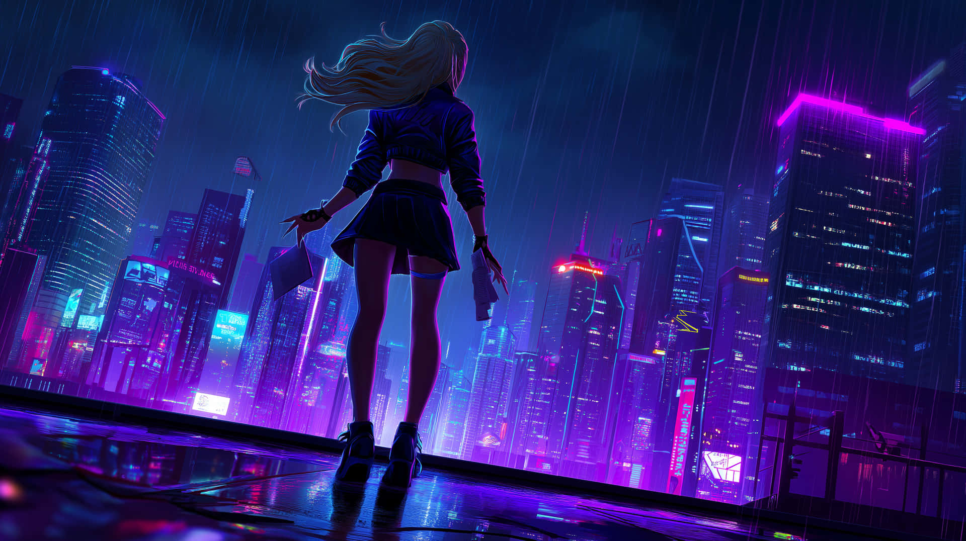 Woman on Rooftop Overlooking Neon Cyberpunk Cityscape at Night 壁紙 — 一位金髮女子身穿深色衣服，站在被雨水浸濕的屋頂上，俯瞰著夜晚霓虹閃爍的賽博龐克城市景觀。