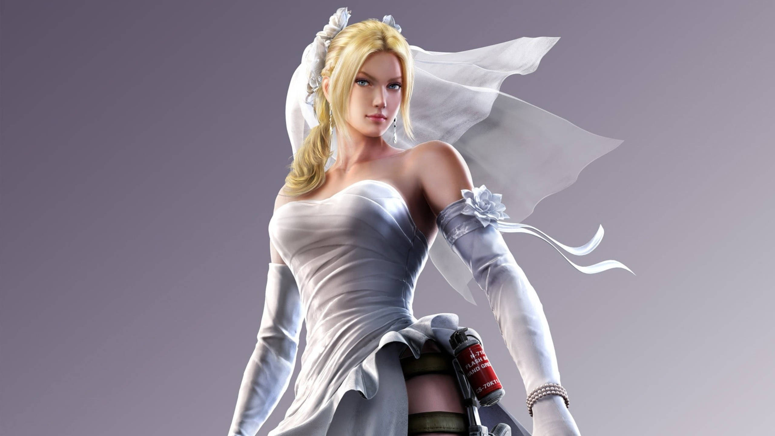 Tekken 桌布 壁紙 — 一位金髮女子身穿白色婚紗，戴著頭紗，腰間掛著手榴彈，站在純灰色背景前。