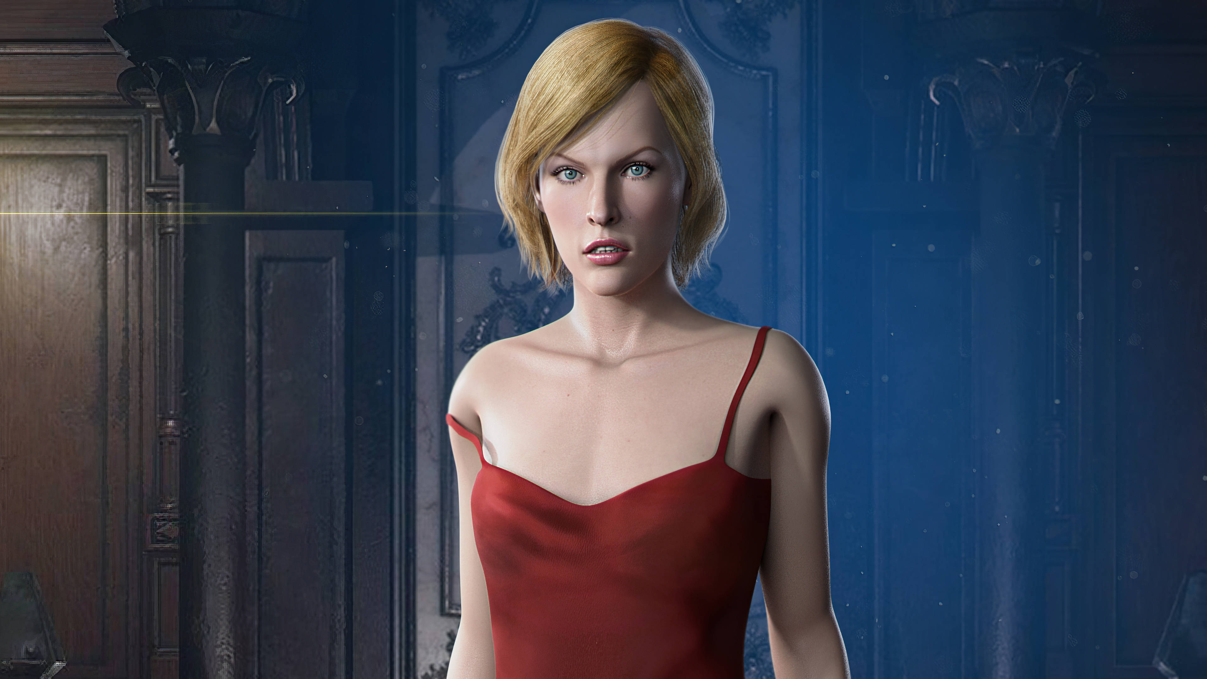 Resident Evil 桌布 壁紙 — 一位金髮女子身穿紅色連衣裙，站在一個光線昏暗、裝飾華麗的房間裡，房間有藍色牆壁和木柱。