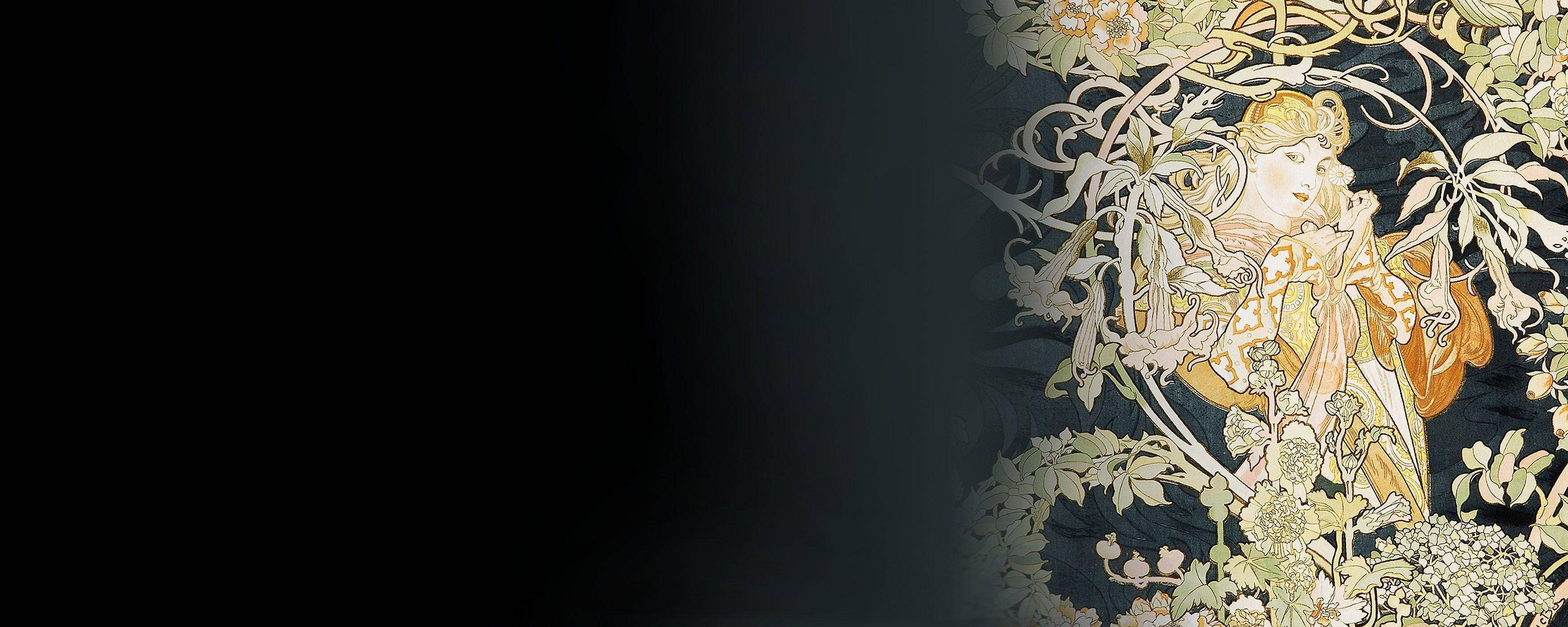 Deco 桌布 壁紙 — 一位金髮女子身穿華麗長袍，在深色背景中與茂密的藤蔓和花朵纏繞在一起。
