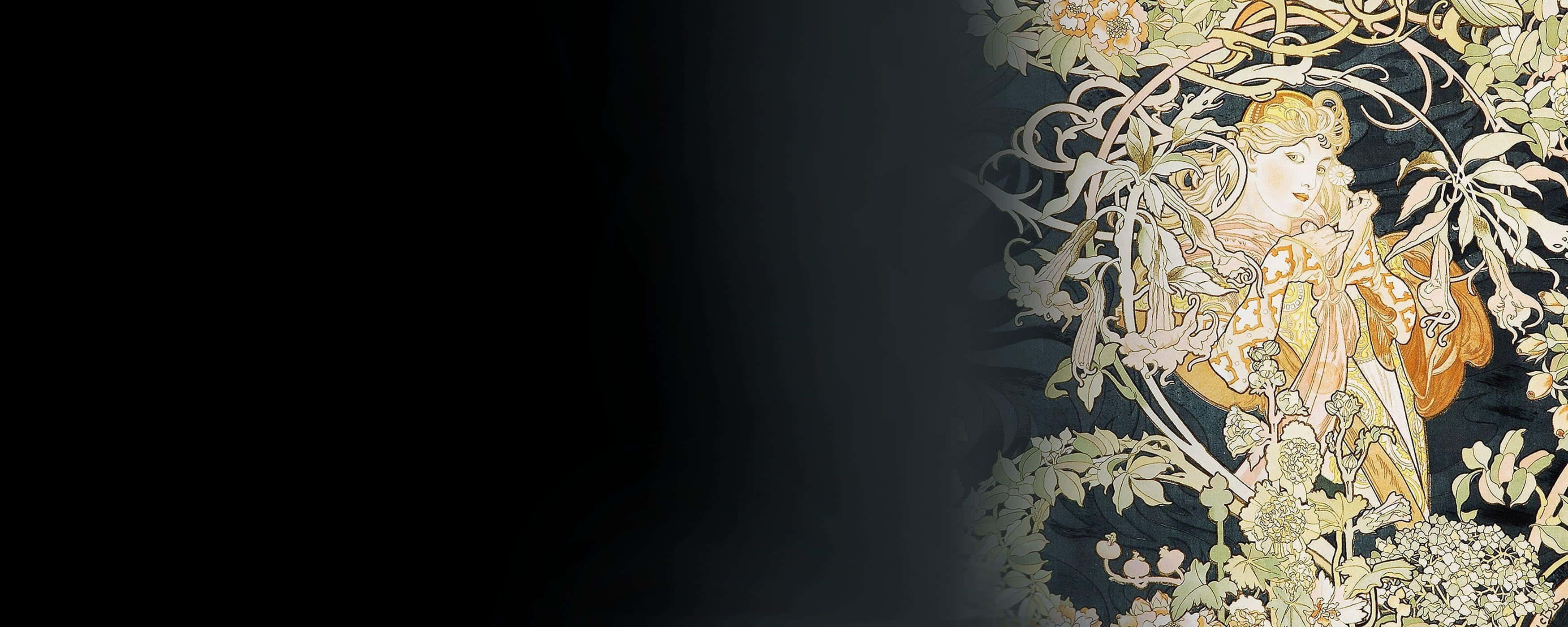 桌布 壁紙 — 一位金髮女子身穿華麗長袍，從複雜的花藤中浮現，背景為深色。