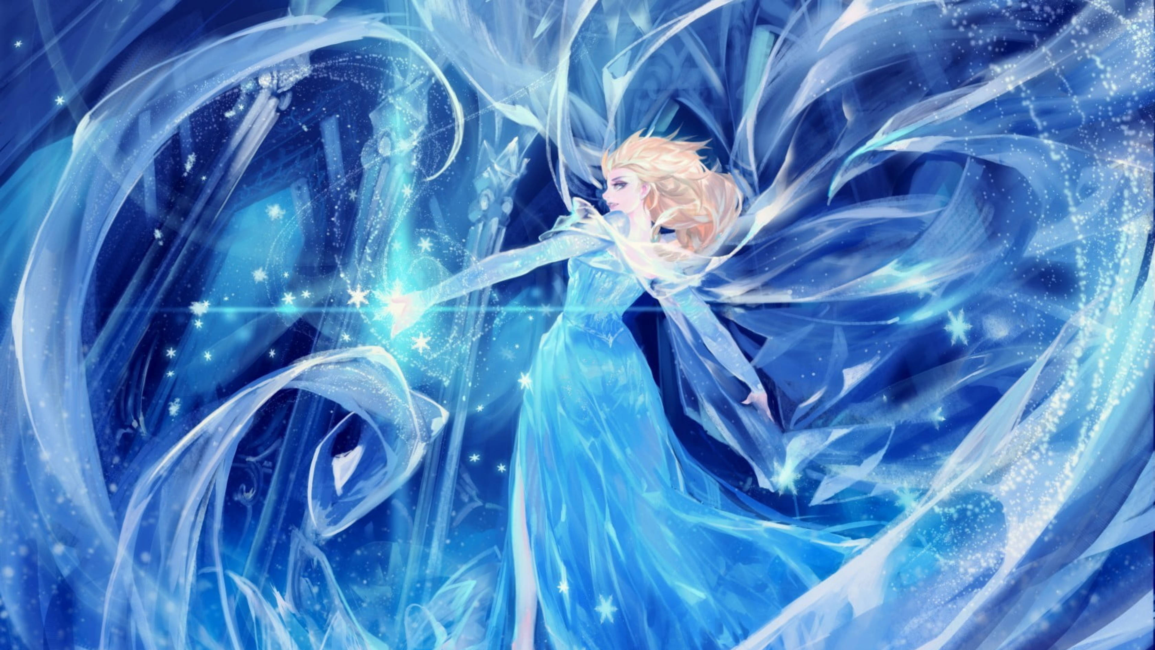 Frozen Elsa 桌布 壁紙 — 一位金髮女子身穿飄逸藍色長裙，在旋轉的霜雪和閃爍粒子中施展冰魔法。