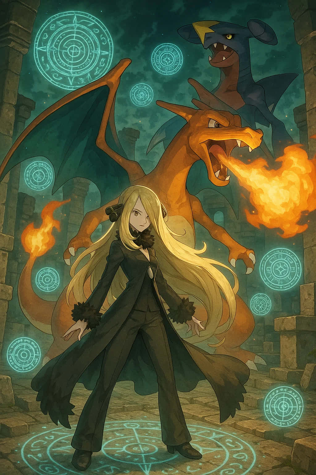 Charizard Pokemon HD Wallpaper WEBP 4K Background Download 壁紙 — 一位金髮女子身穿黑色外套，站在噴火的噴火龍和黑暗的暴鯉龍面前，遺跡中有發光的藍色符文。