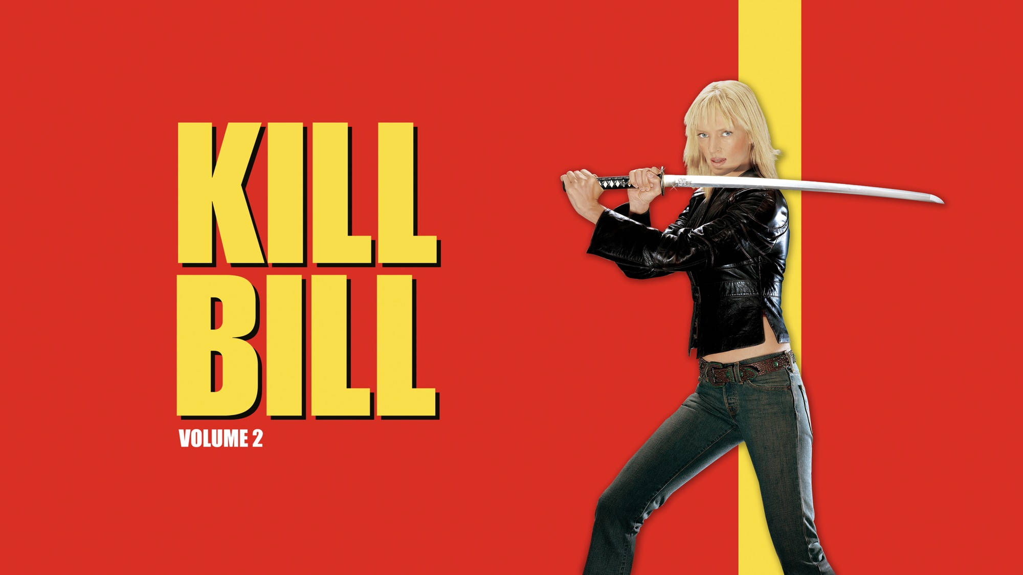 Kill Bill 桌布 壁紙 — 一位金髮女子身穿黑色皮夾克，在鮮明的紅黃背景上揮舞武士刀，背景上有 'KILL BILL VOLUME 2' 字樣。