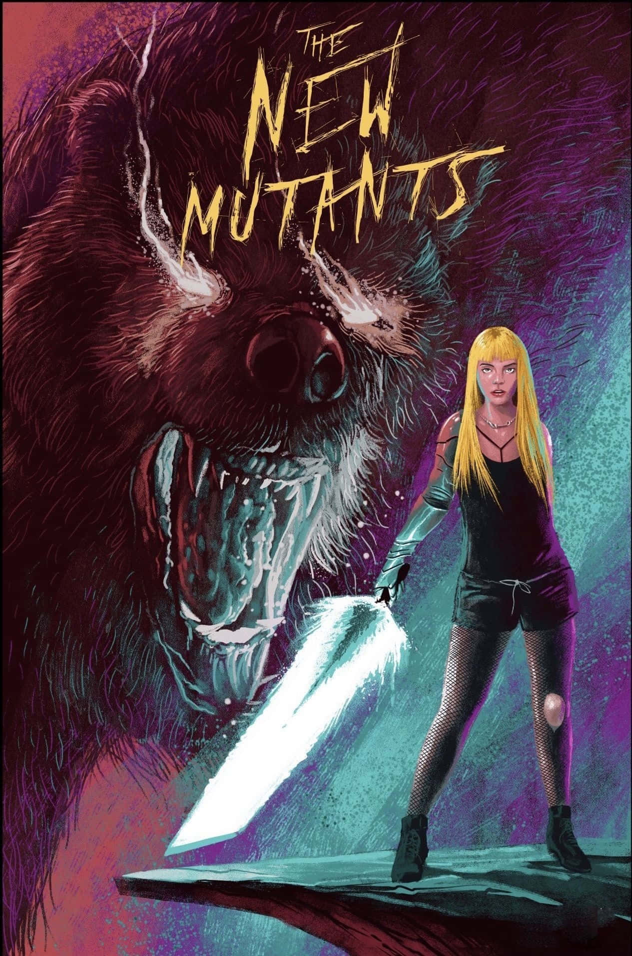 New Mutants 桌布 壁紙 — 一位金髮女性在黑暗漫畫風格中揮舞發光劍對抗怪獸熊。