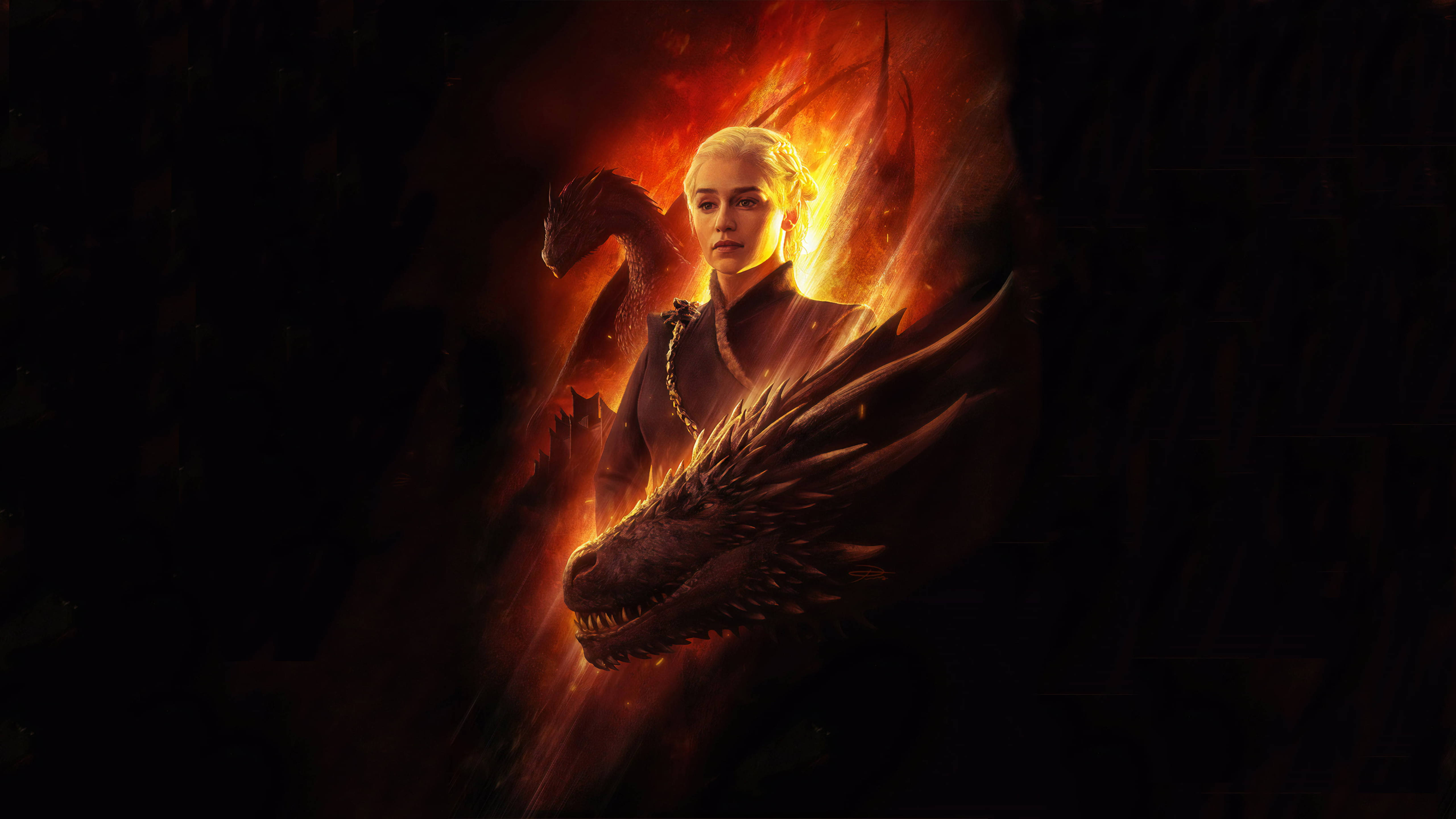 daenerys 桌布 壁紙 — 一位金髮女性堅定地站立，身後有火焰巨龍在黑暗背景下出現。