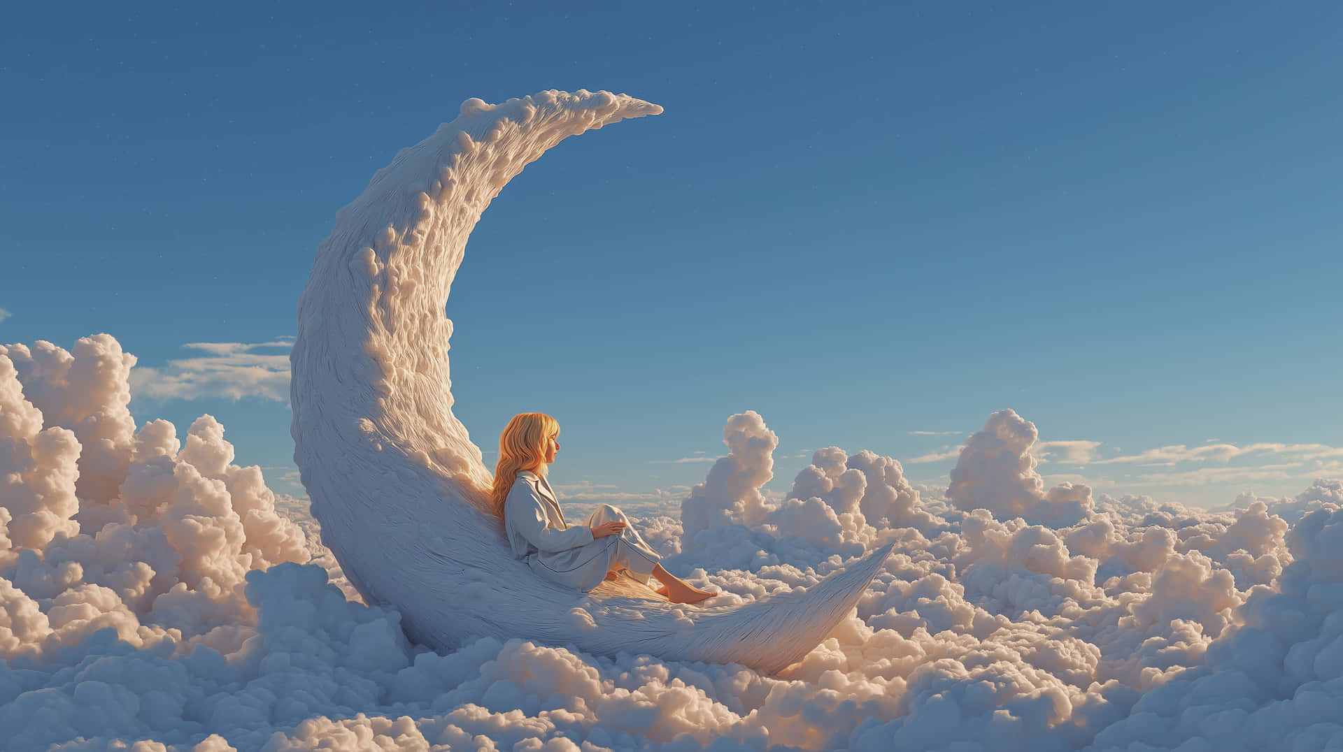 Dreamy Moon Rest 壁紙 — 一位金髮女性平靜地坐在一個形似雲朵的彎月上，周圍是蓬鬆的白雲，背景是清澈的藍天。