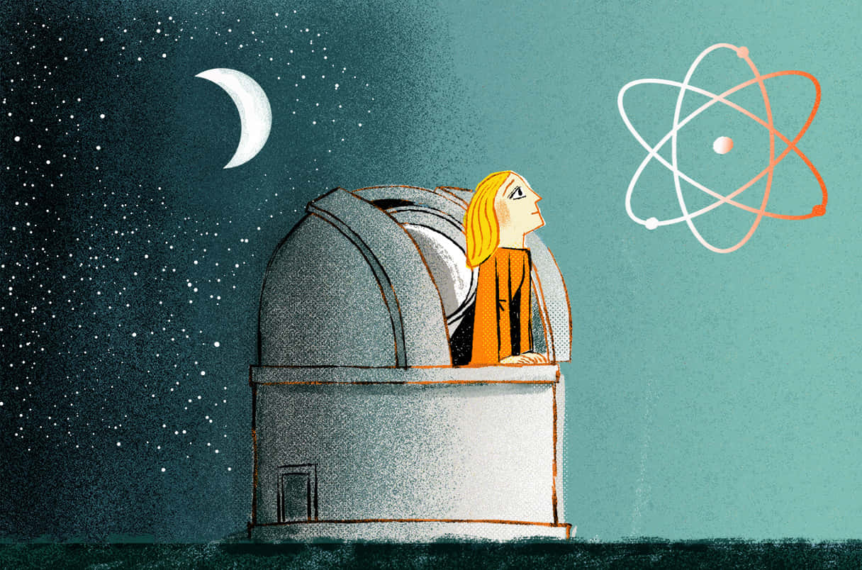 astronomy 桌布 壁紙 — 一位金髮女性從望遠鏡圓頂窺視著新月和發光的原子符號，在繁星點點的夜空下。