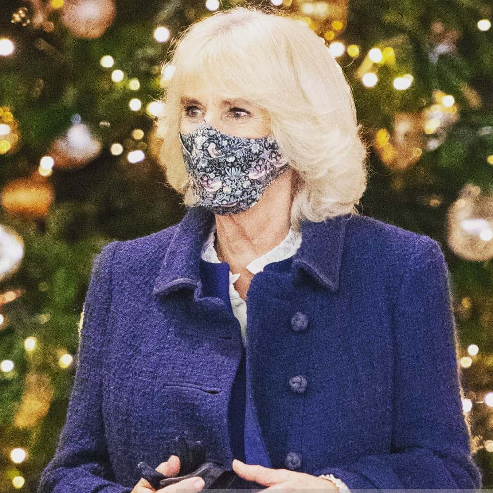 Celebrity 桌布 壁紙 — 一位金髮女性戴著花卉圖案口罩和藍色外套，背景是閃爍的聖誕樹。