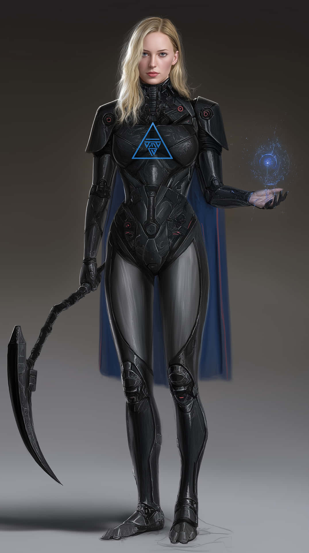 Futuristic Priestess with Scythe and Energy Orb 壁紙 — 一位金髮女性穿著時尚的黑色裝甲服，手持彎曲的鐮刀，並從手中投射出發光的藍色球體。