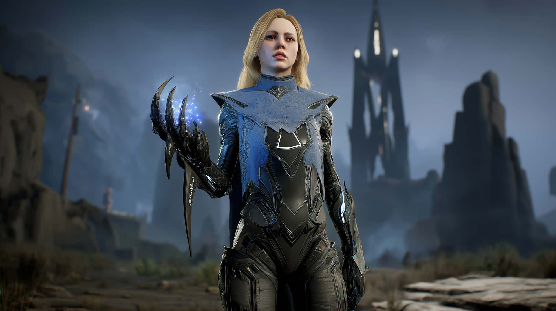 Blonde Priestess in Bio-Armor with Energy Claw 壁紙 — 一位金髮女性穿著未來主義的藍色和黑色盔甲，站在荒涼的景觀中，發光的爪子和哥德式塔樓在霧濛濛的背景中。