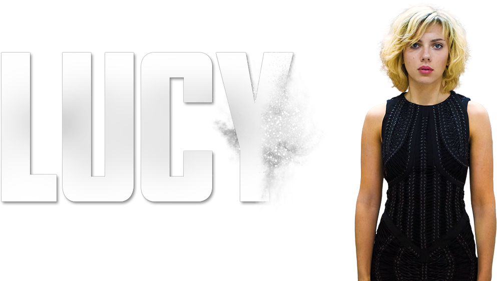 Scarlett 桌布 壁紙 — 一位金髮女性站在黑色背景上粗體白色標題「LUCY」旁邊，帶有白色粉末爆炸效果。