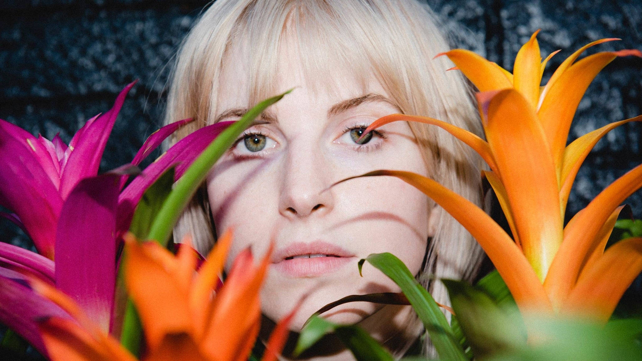 Hayley Williams 桌布 壁紙 — 一位金髮女性透過鮮豔的橙色和洋紅色熱帶花朵，在深色紋理背景上溫柔地凝視。