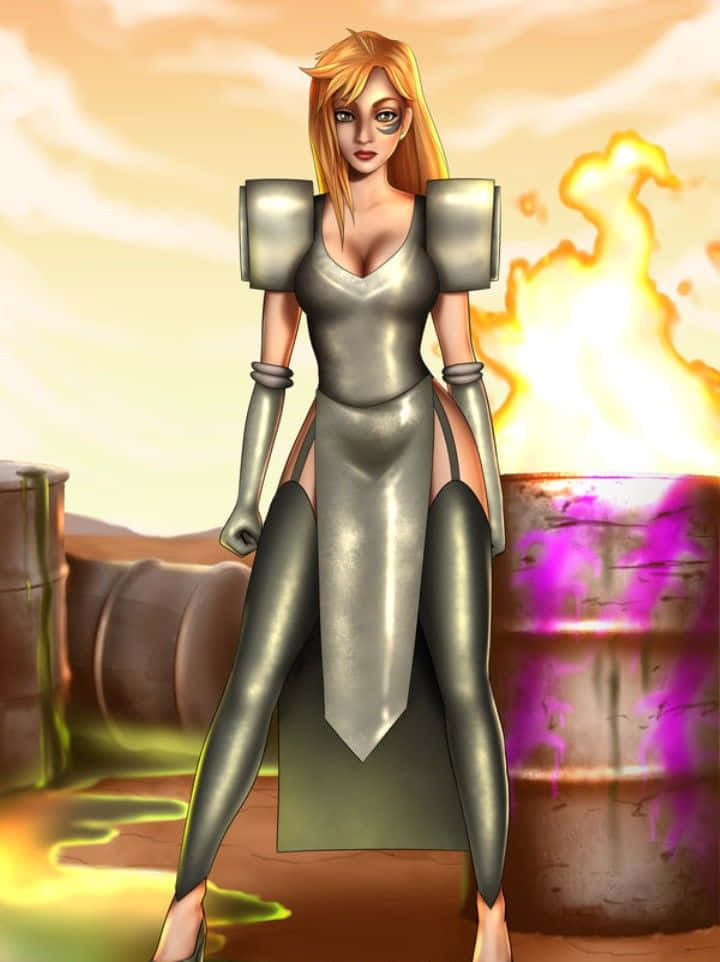 Summer Smith 桌布 壁紙 — 一位金髮女戰士自信地站在燃燒的沙漠荒地中燃燒的桶旁。