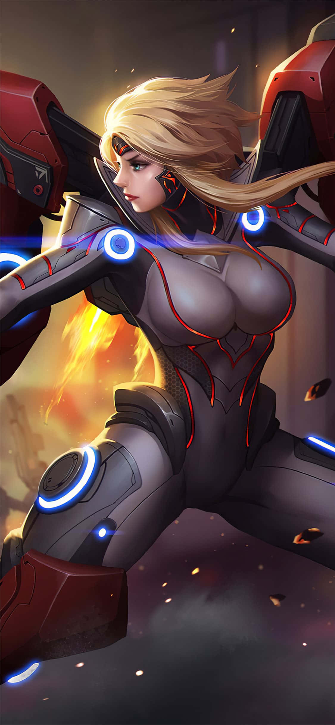 Zero Suit Samus 桌布 壁紙 — 一位金髮女戰士身穿帶有發光藍色點綴的未來風格盔甲，在熾熱背景下向前衝鋒。