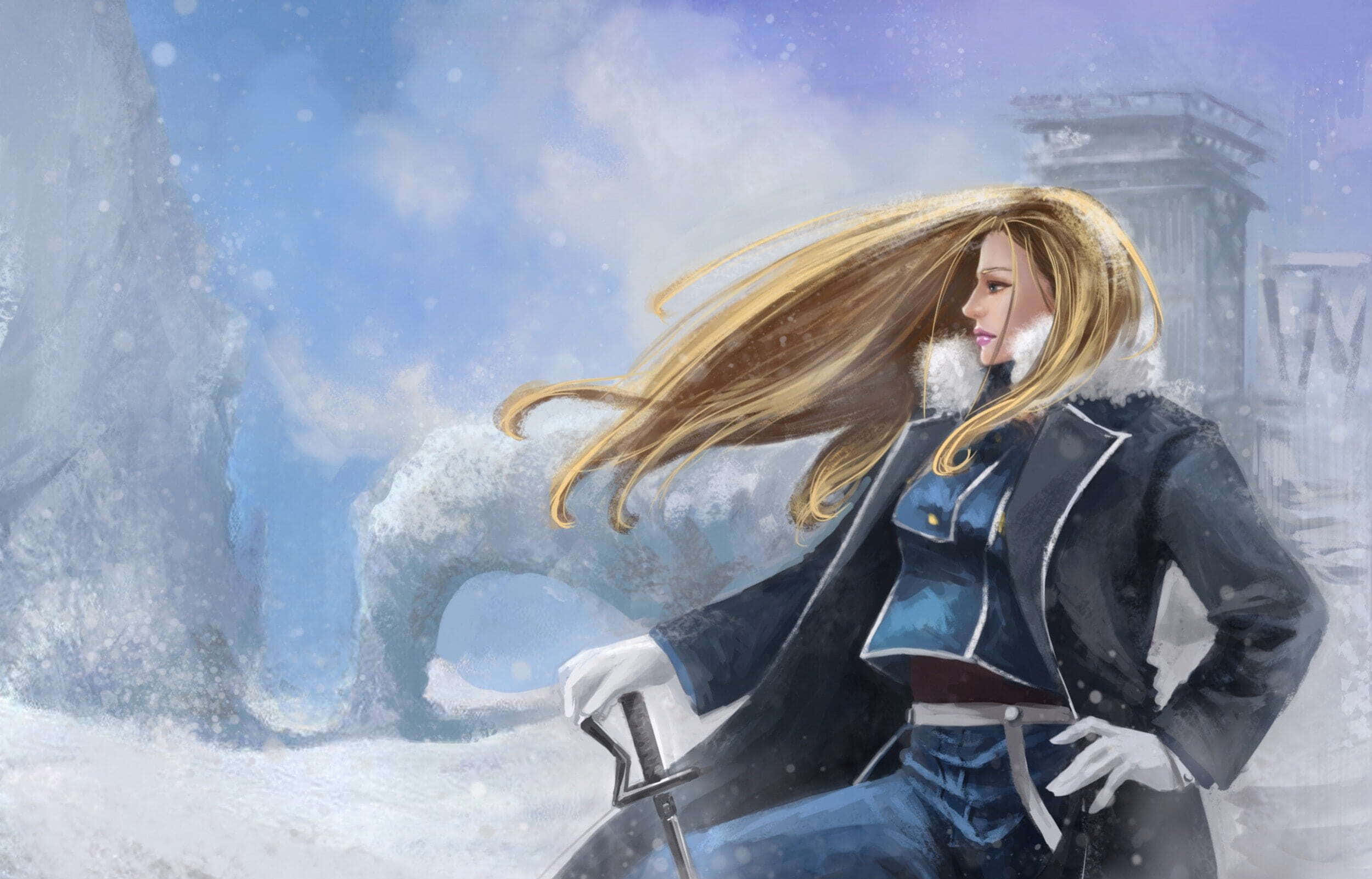 Olivier Mira Armstrong 桌布 壁紙 — 一位金髮女戰士身穿深色外套，在藍天下雪景中的古老廢墟旁手持劍，準備就緒。