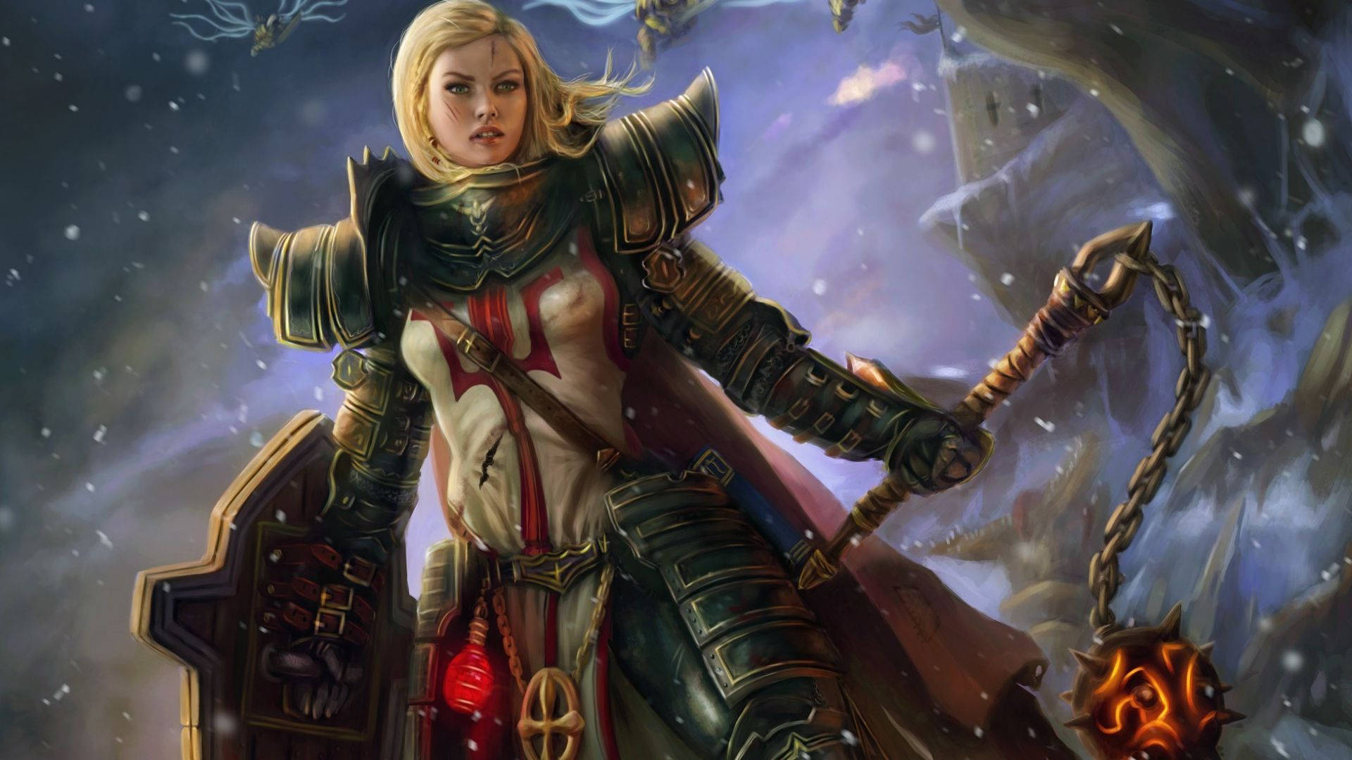 Diablo 3 桌布 壁紙 — 一位金髮女戰士身穿盔甲，在雪地神秘背景下揮舞著火焰狼牙棒和盾牌。