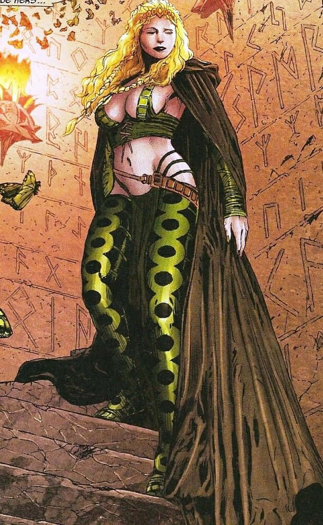 Masters Of Evil 桌布 壁紙 — 一位金髮女戰士身穿綠色和黑色盔甲，站在石階上，背景是刻有古代符文的牆壁，附近有火焰和蝴蝶。