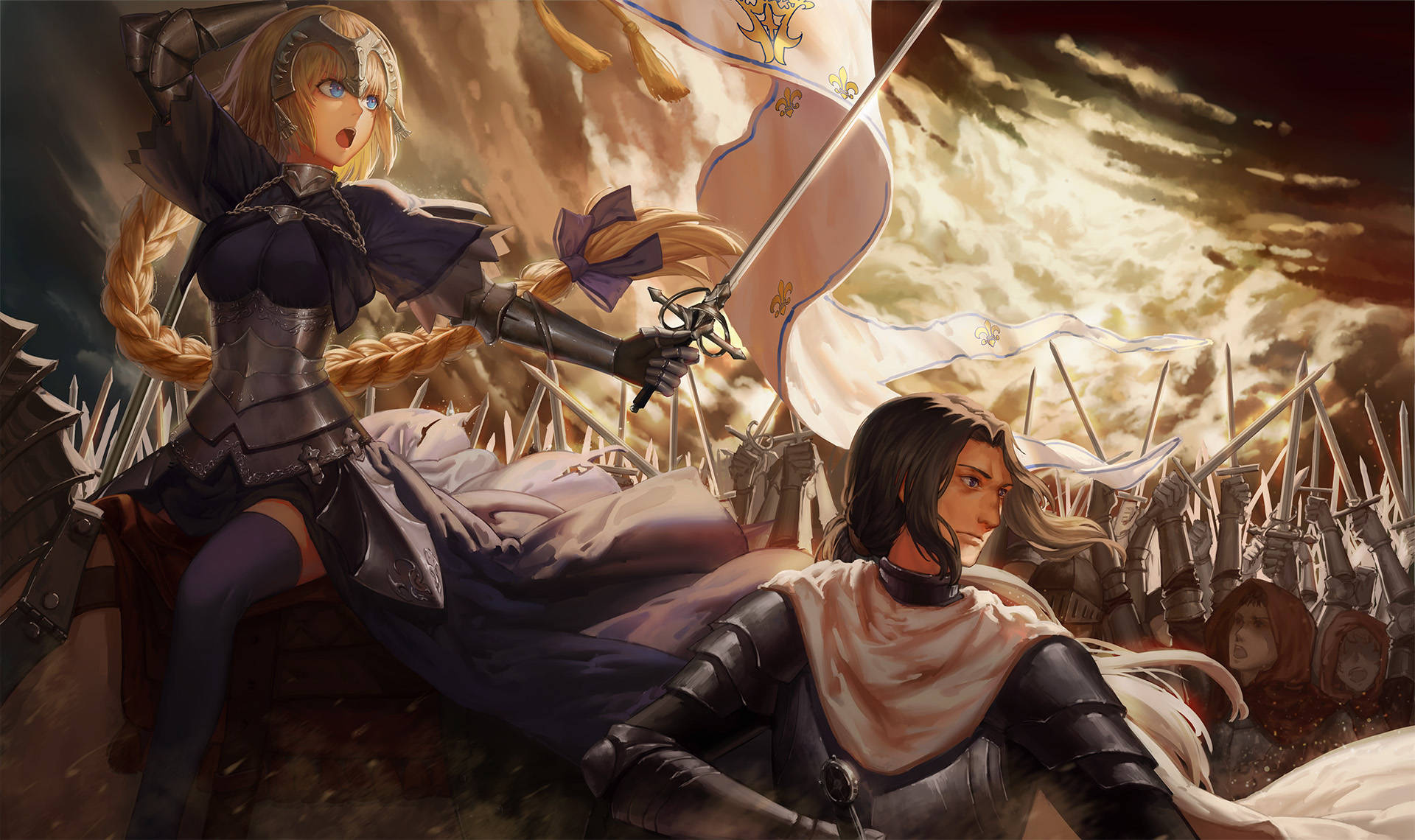 Fate Zero 桌布 壁紙 — 一位金髮女戰士身穿鎧甲舉起劍，而一位黑髮騎士在暴風雨天空下的混亂戰場上跪在她面前。