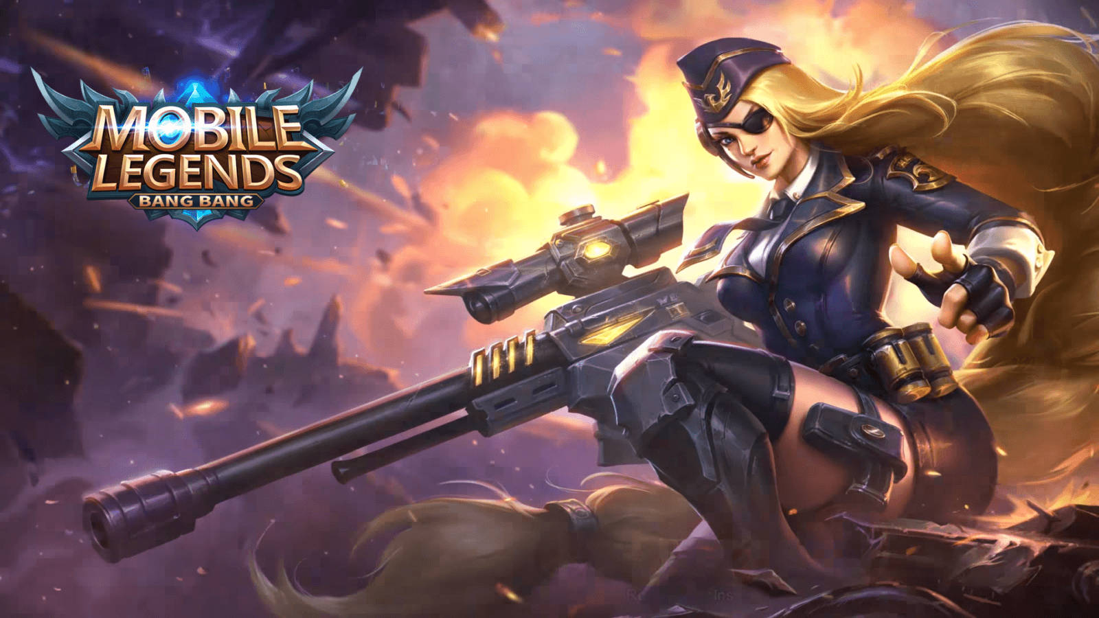 mobile legends logo 桌布 壁紙 — 一位金髮女狙擊手身穿藍色軍裝，在熾熱的爆炸和破碎的瓦礫中瞄準一把未來步槍。